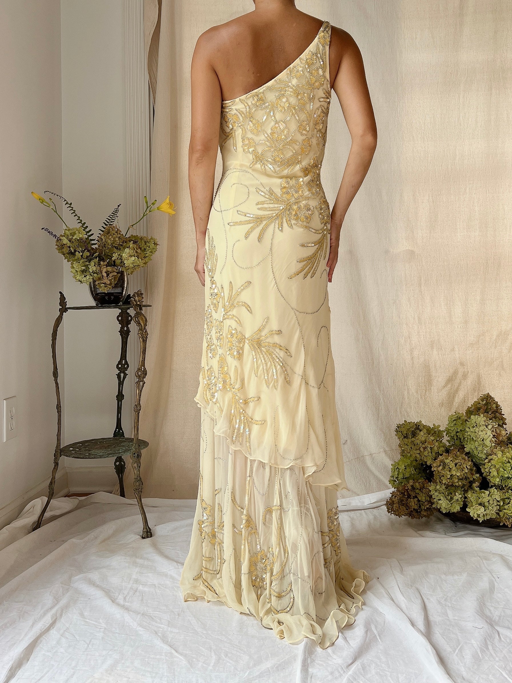 Vintage Silk One Shoulder Beaded Tiered Gown - S