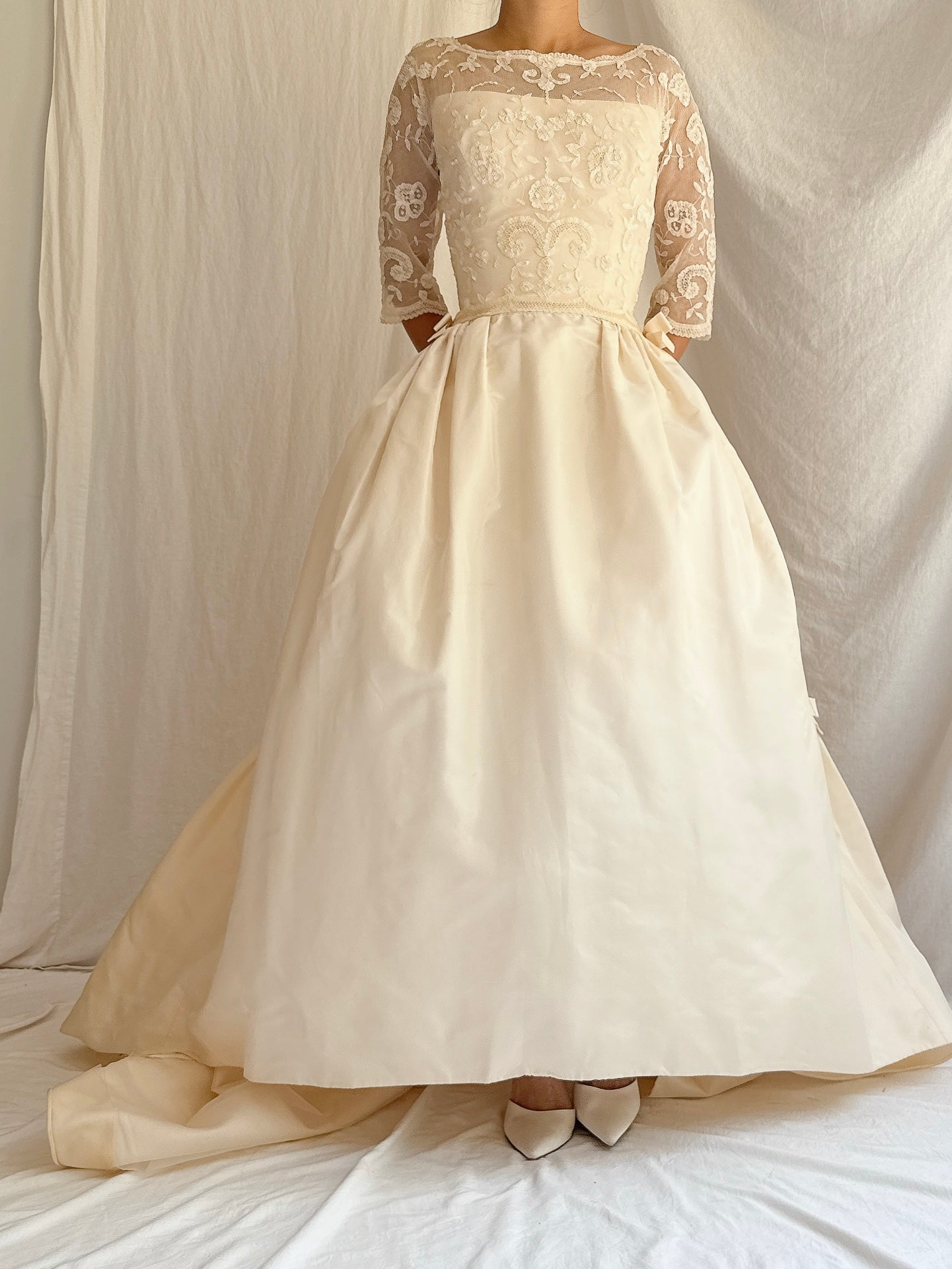 1950s Silk Taffeta Duchesse Lace Dress - XXS/00