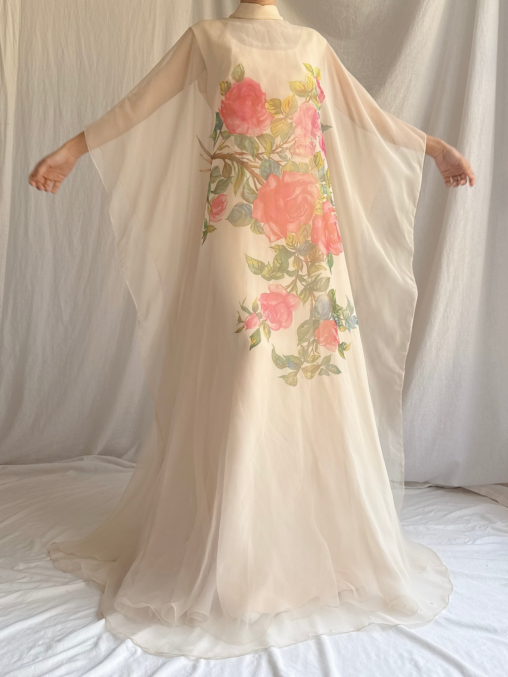 1960s Chiffon Rose Cape Dress - M