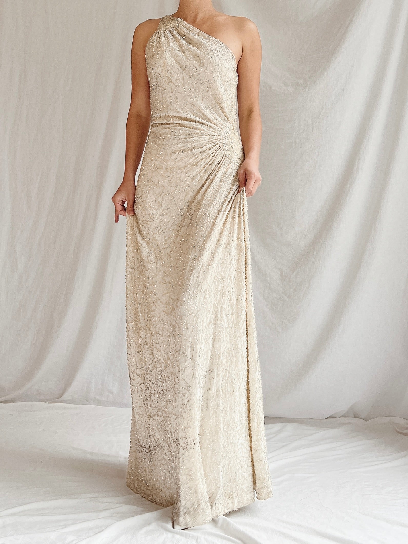 Vintage Silk One Shoulder Beaded Gown - M 6/8