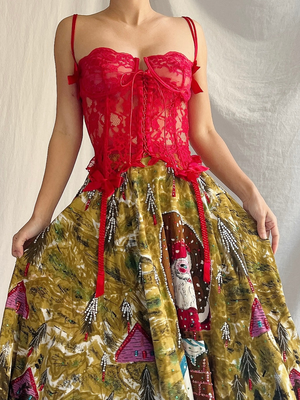 Vintage Embroidered Christmas Skirt - M