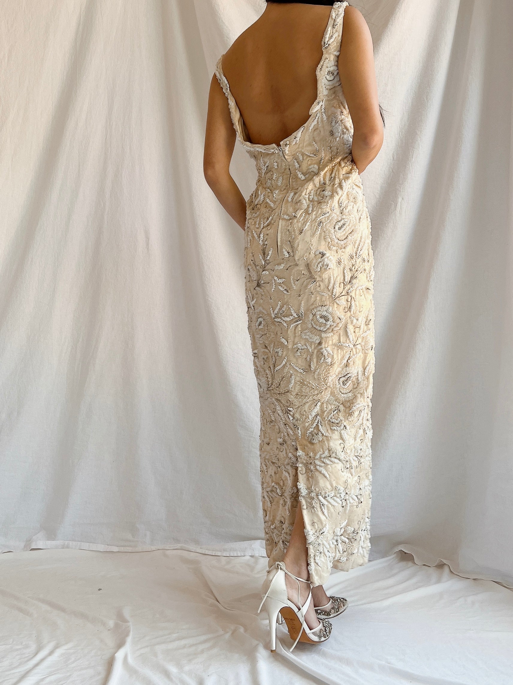 1960s Hand Beaded Ivory Dress - S/M
