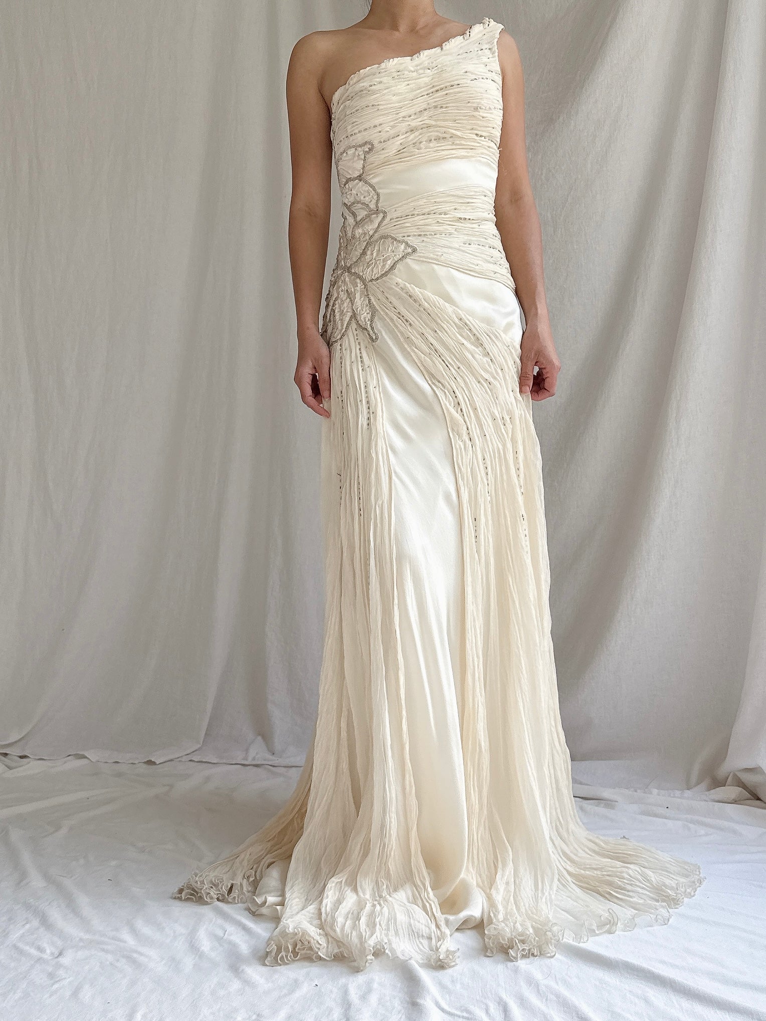 Vintage Silk Chiffon One-Shoulder Gown - M