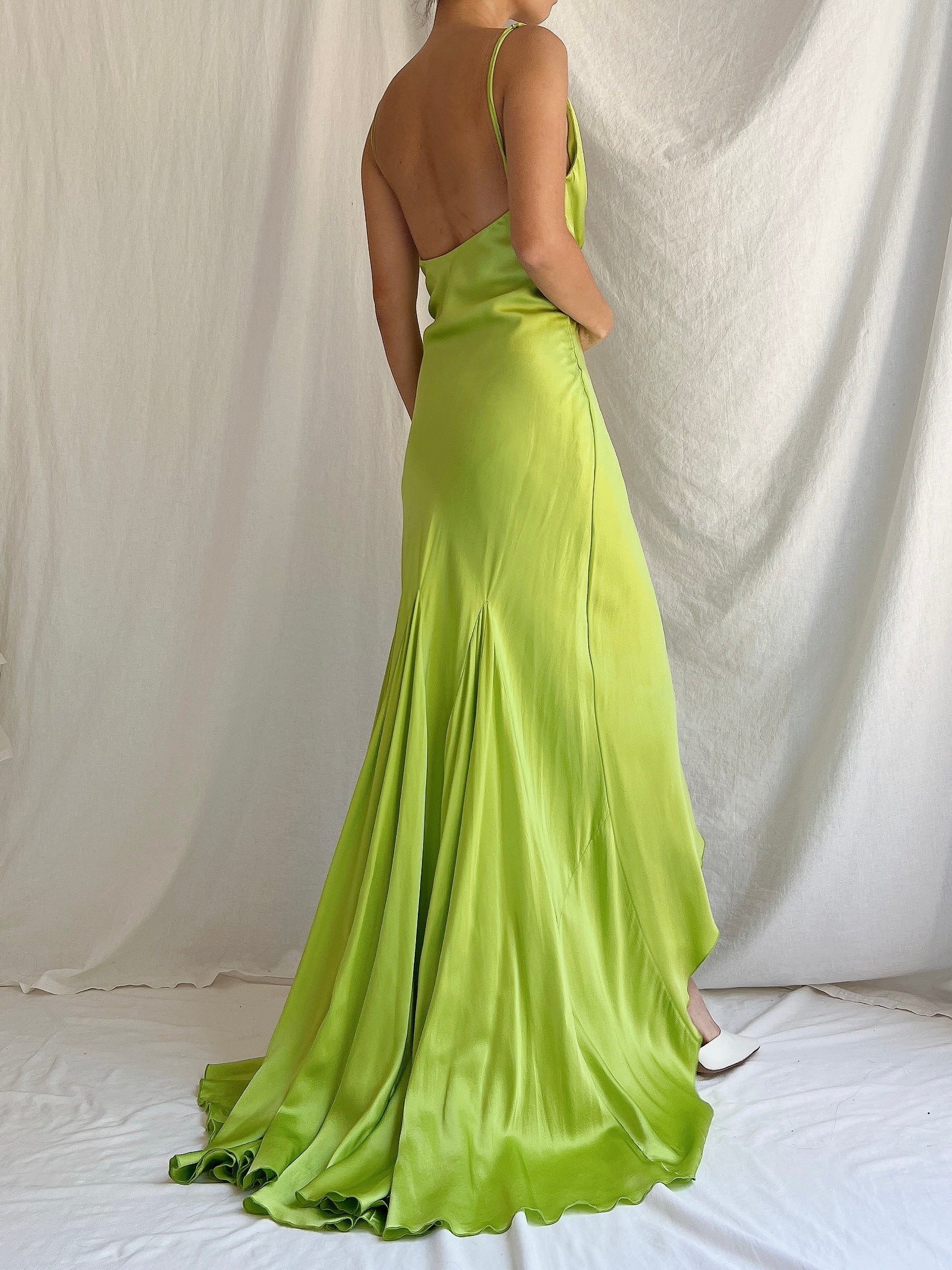 1990s Silk Chartreuse Asymmetrical Hem Gown - S