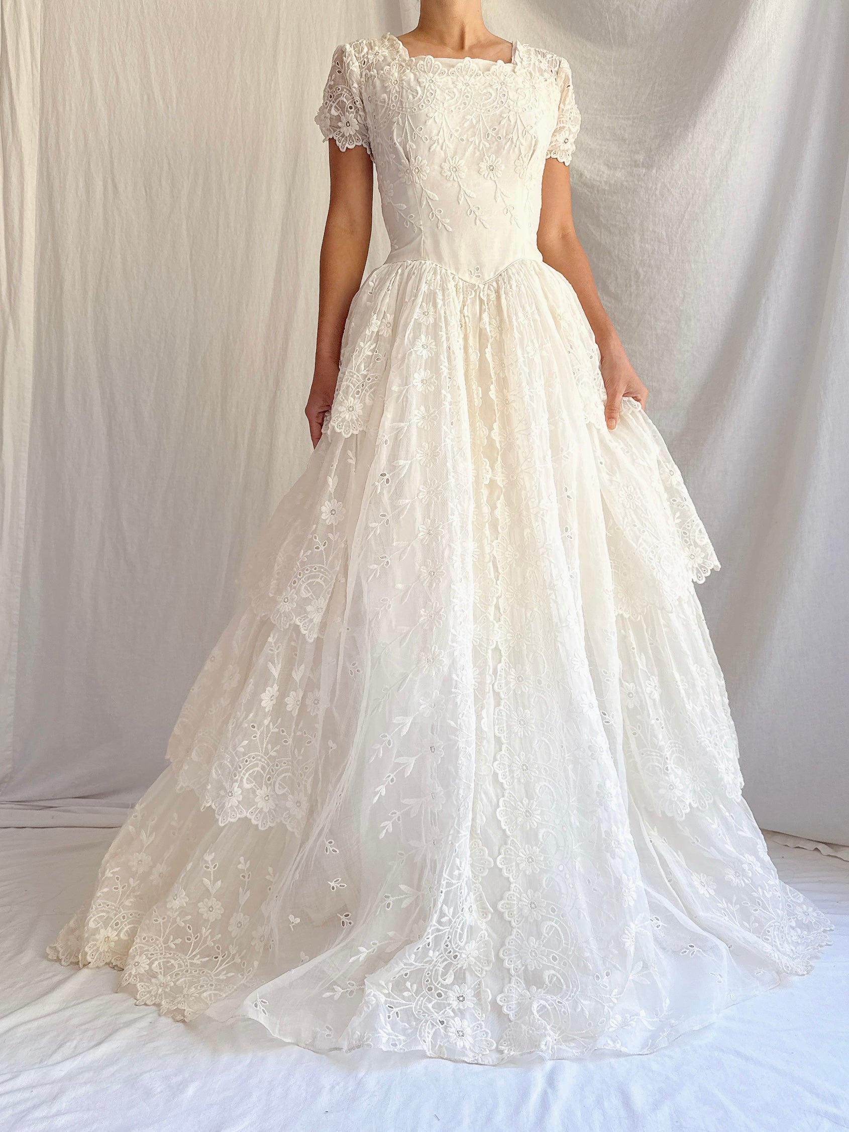 1950s Tiered Organdy Embroidered Gown - XS