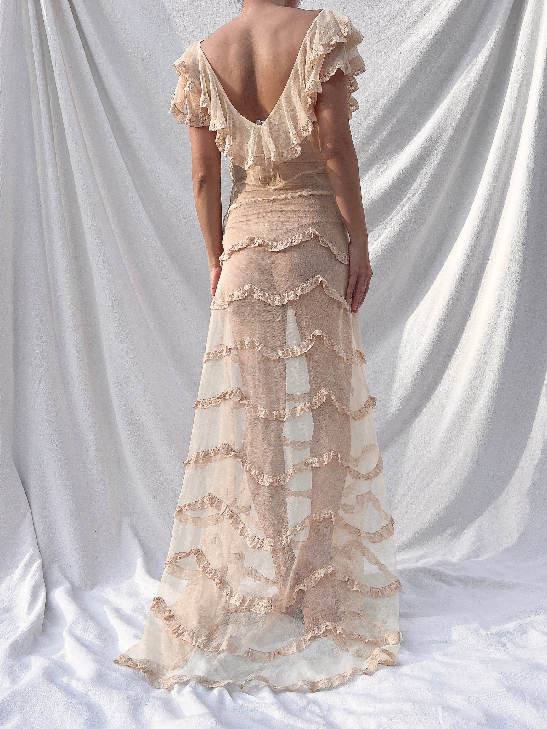 1930s Reversible Peach Ribbon Gown - XS