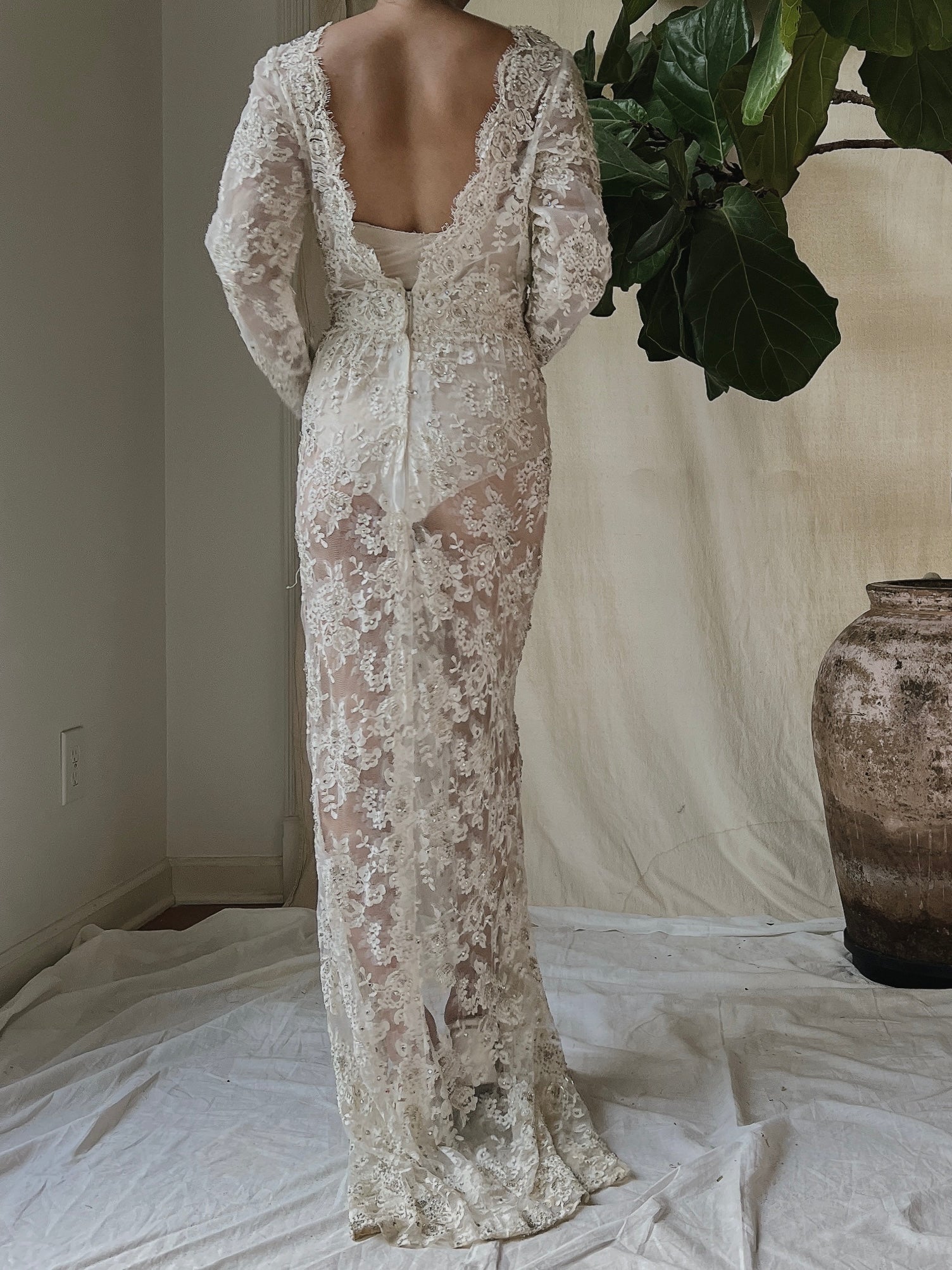 Vintage Silk Lace Beaded Gown - S
