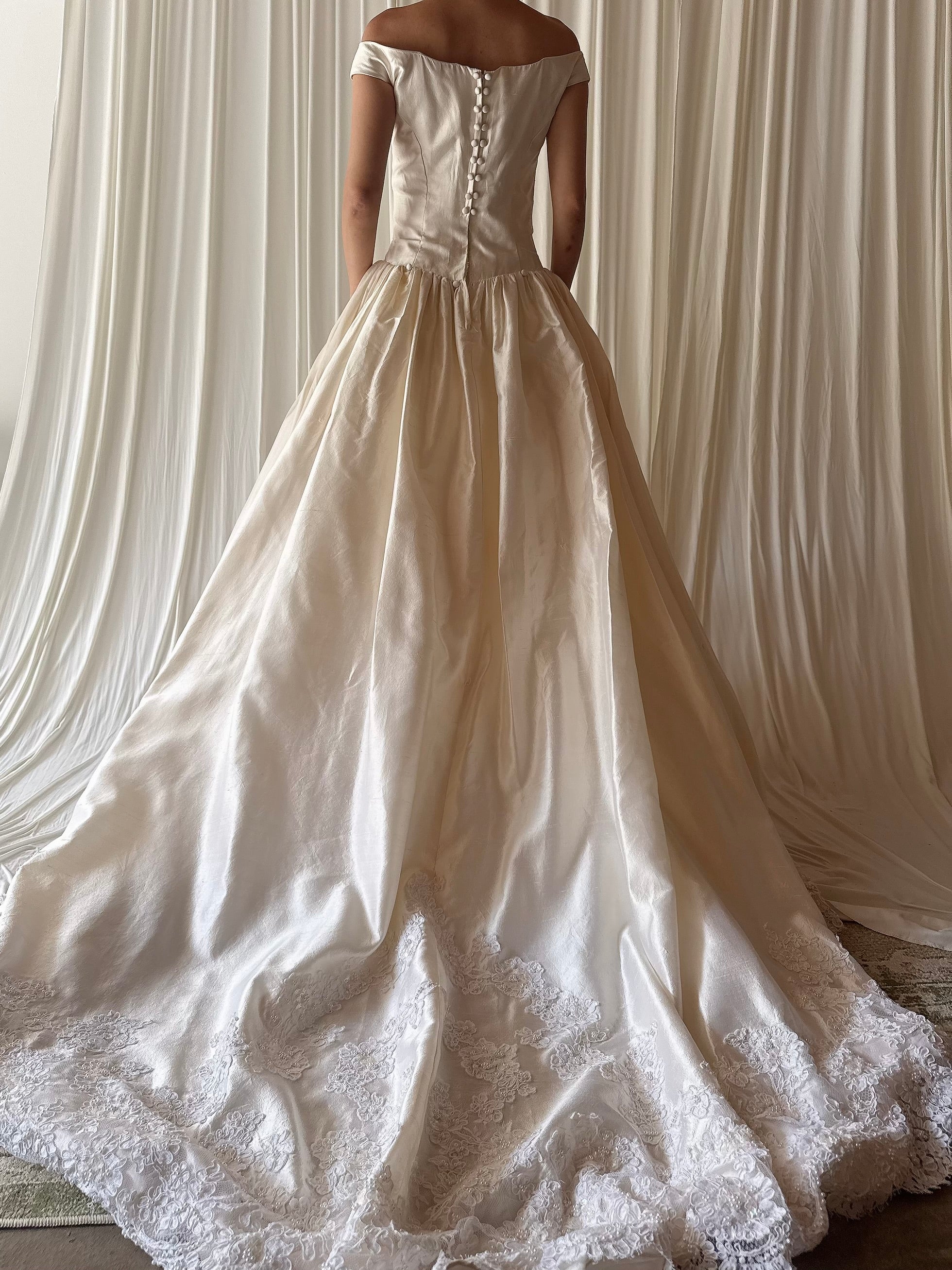 Vintage Portrait Collar Silk Lace Trim Gown - US 4