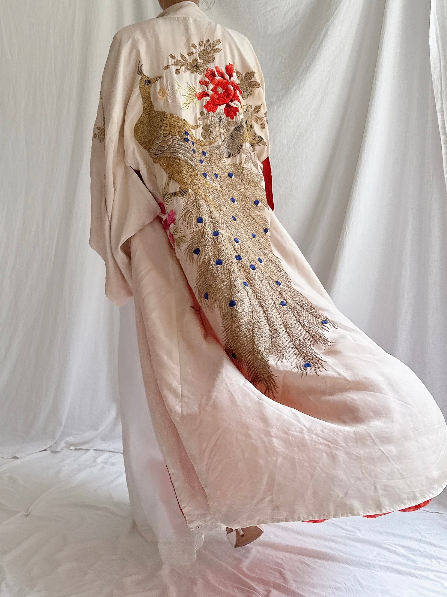 Antique Silk Peacock Embroidered Kimono - OSFM