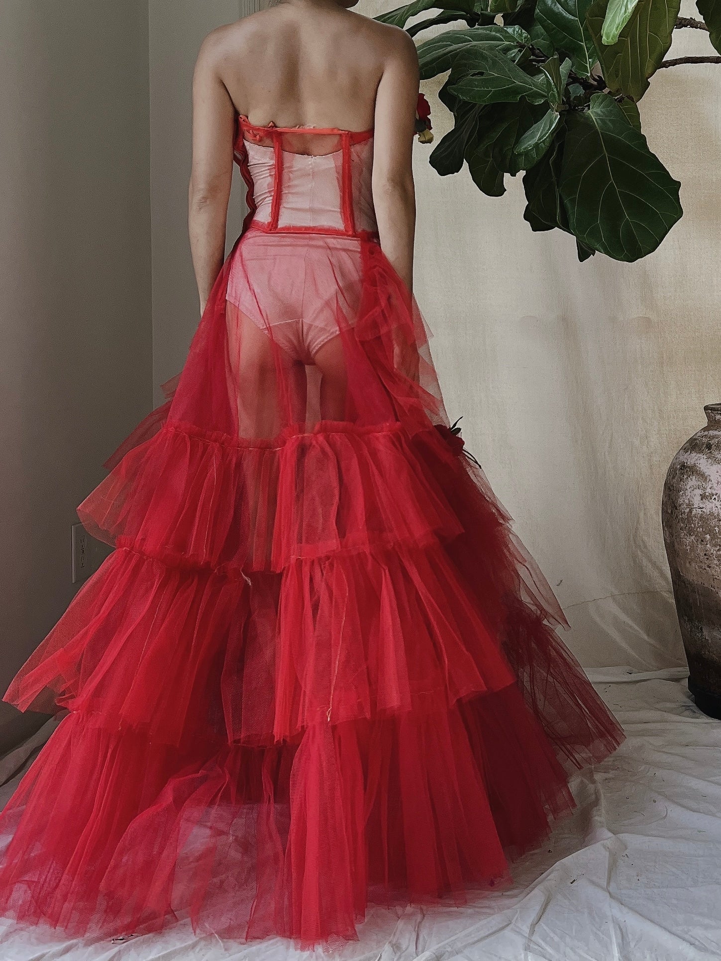gossamer red dress Red Strapless Gossamer Gown Red A-Line Strapless Ruffled Tulle Evening Dress, Red 18