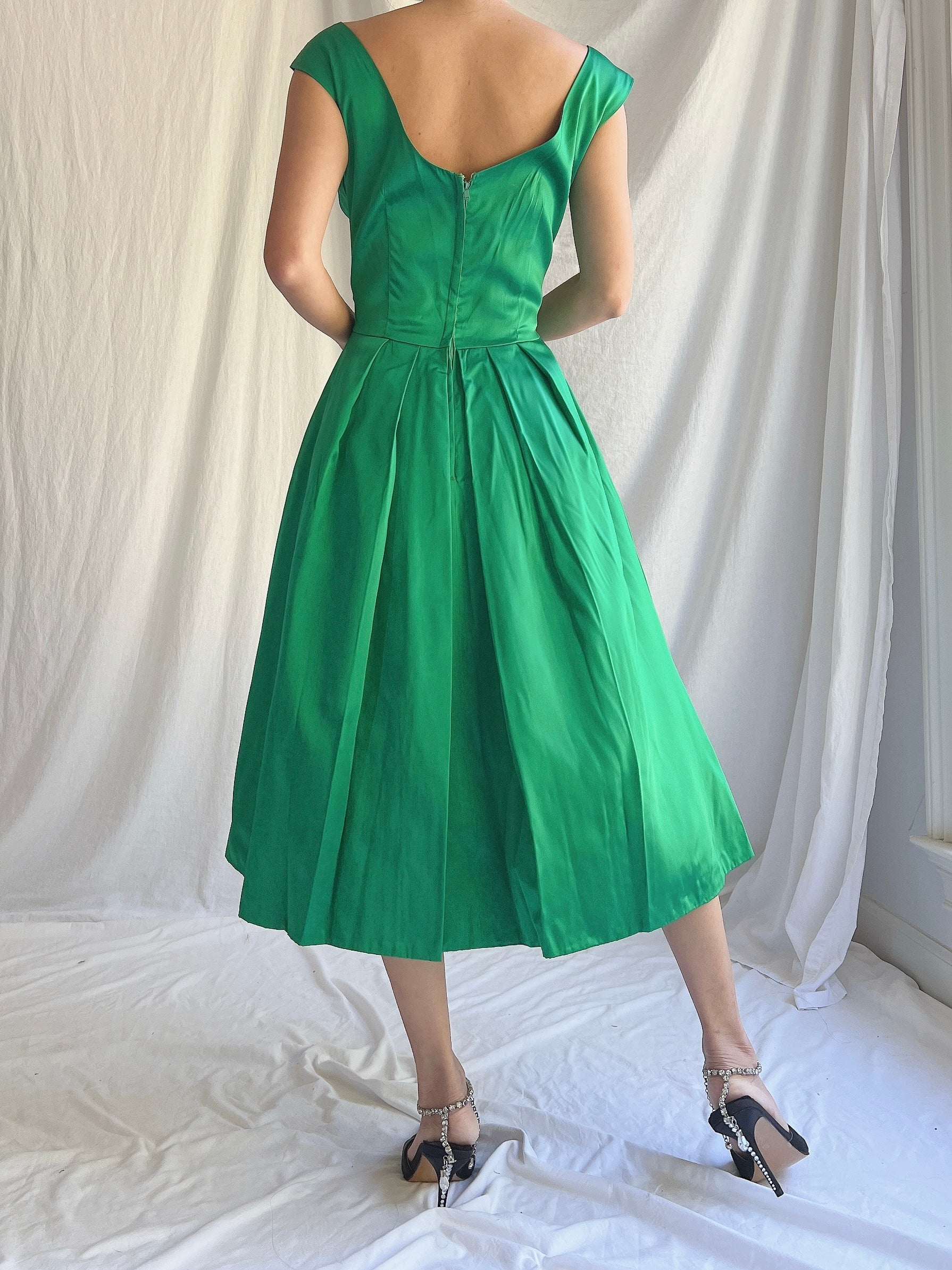 1950s Emerald Satin Dress - XS