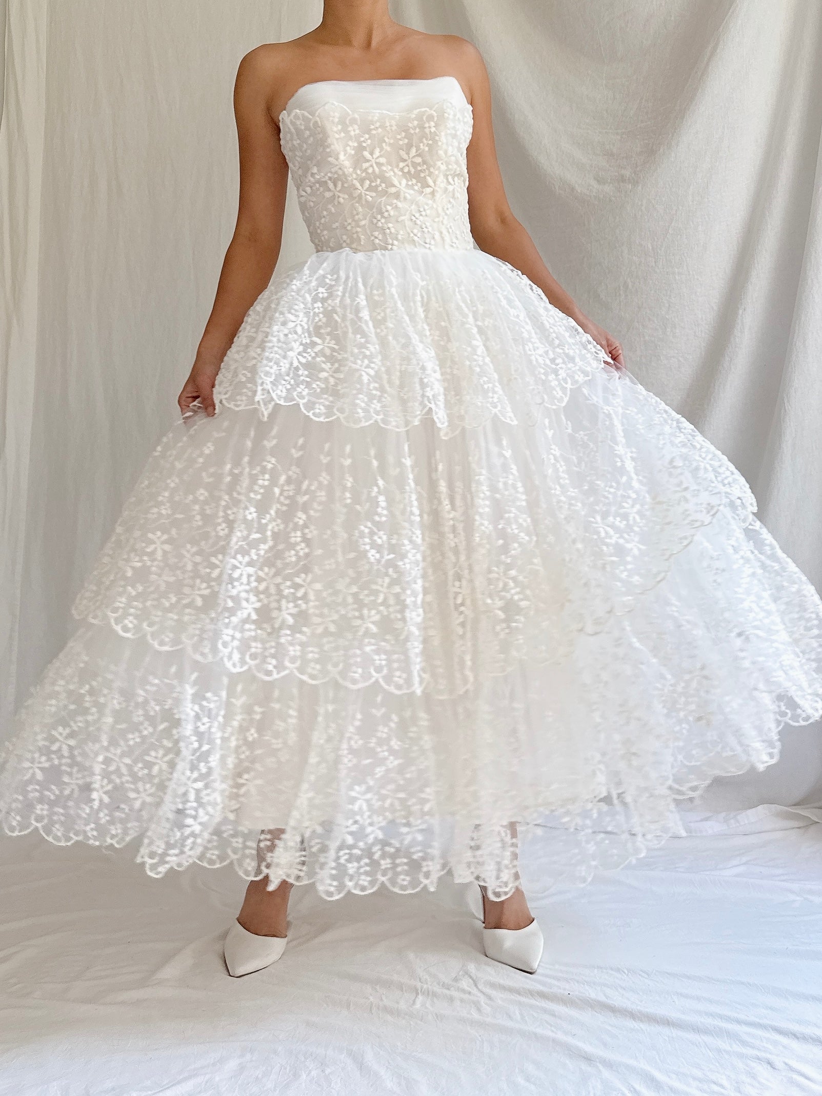 1950s Tulle Embroidered Dress - XS