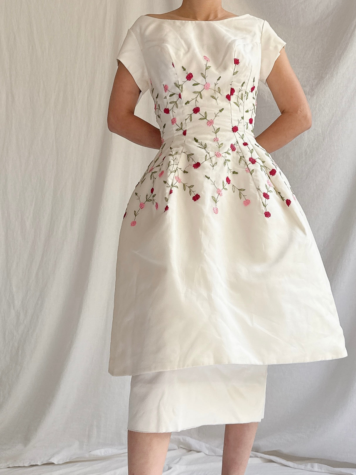 1960s Embroidered Peplum Dress - S