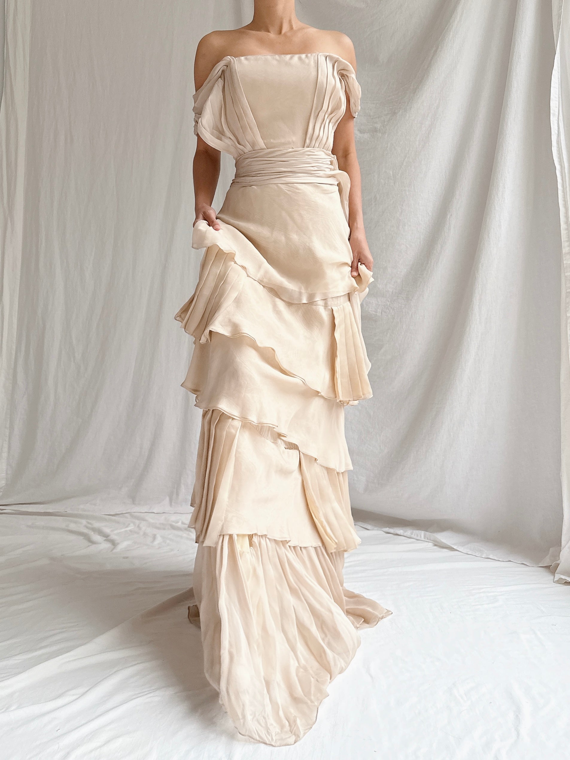 Vintage Beige Silk Tiered Dress - S