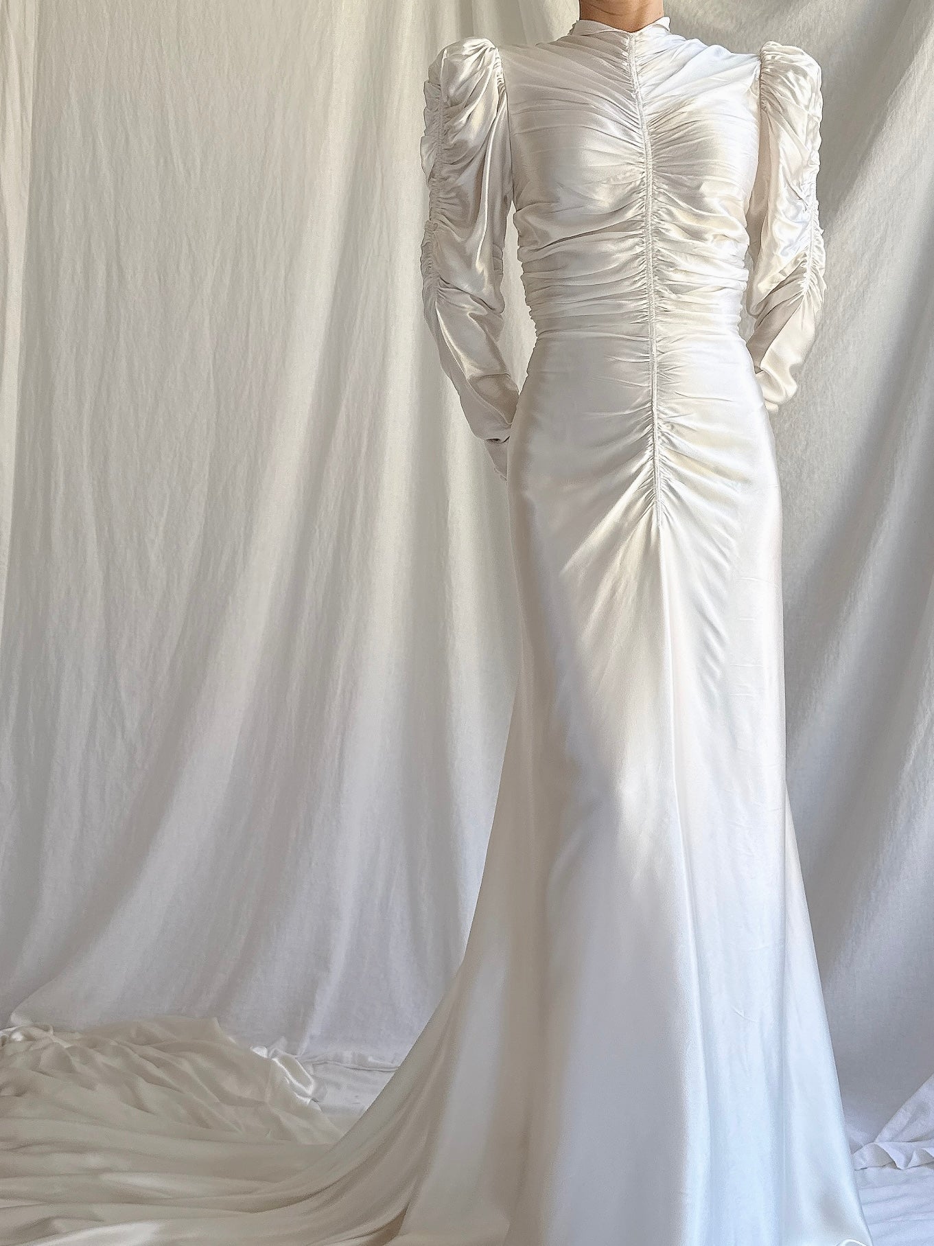 1930s Ruche Long Sleeve Satin Gown - S