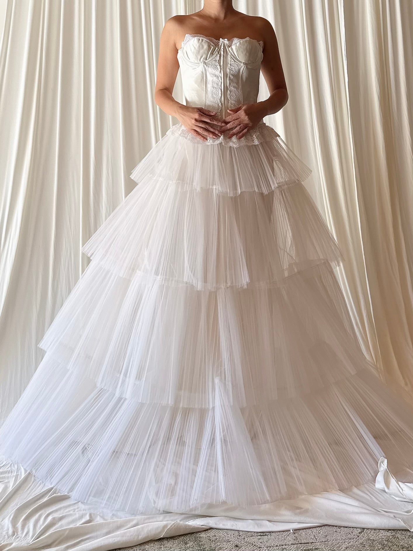 1950s Pleated Tiered Tulle Gown with Bustier - XS