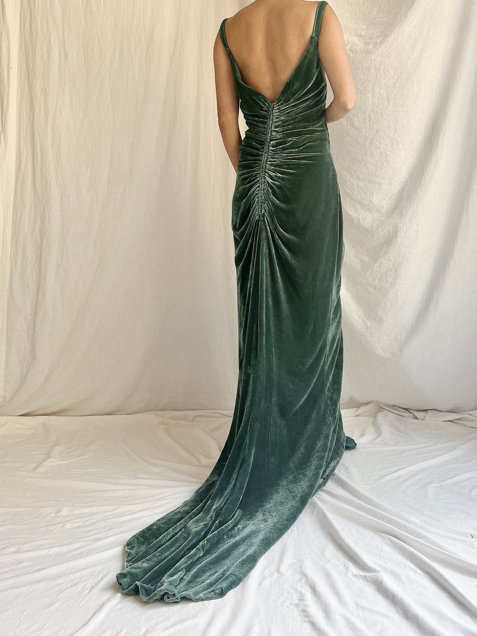 Vintage Moss Green Bellville Sassoon Silk Velvet Gown - L