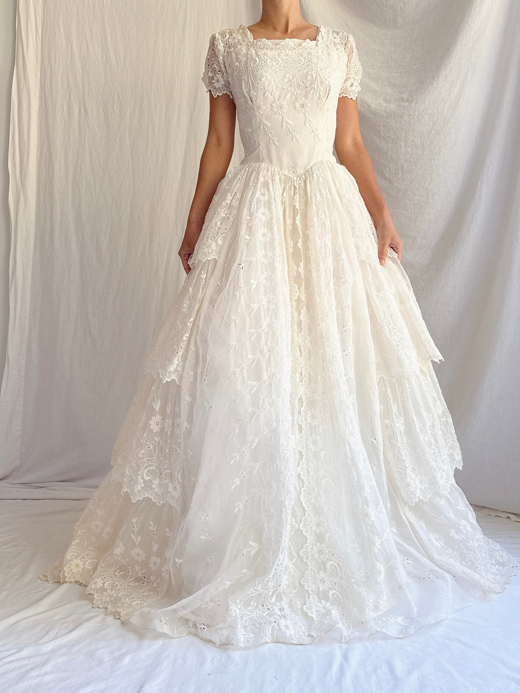 1950s Tiered Organdy Embroidered Gown - XS