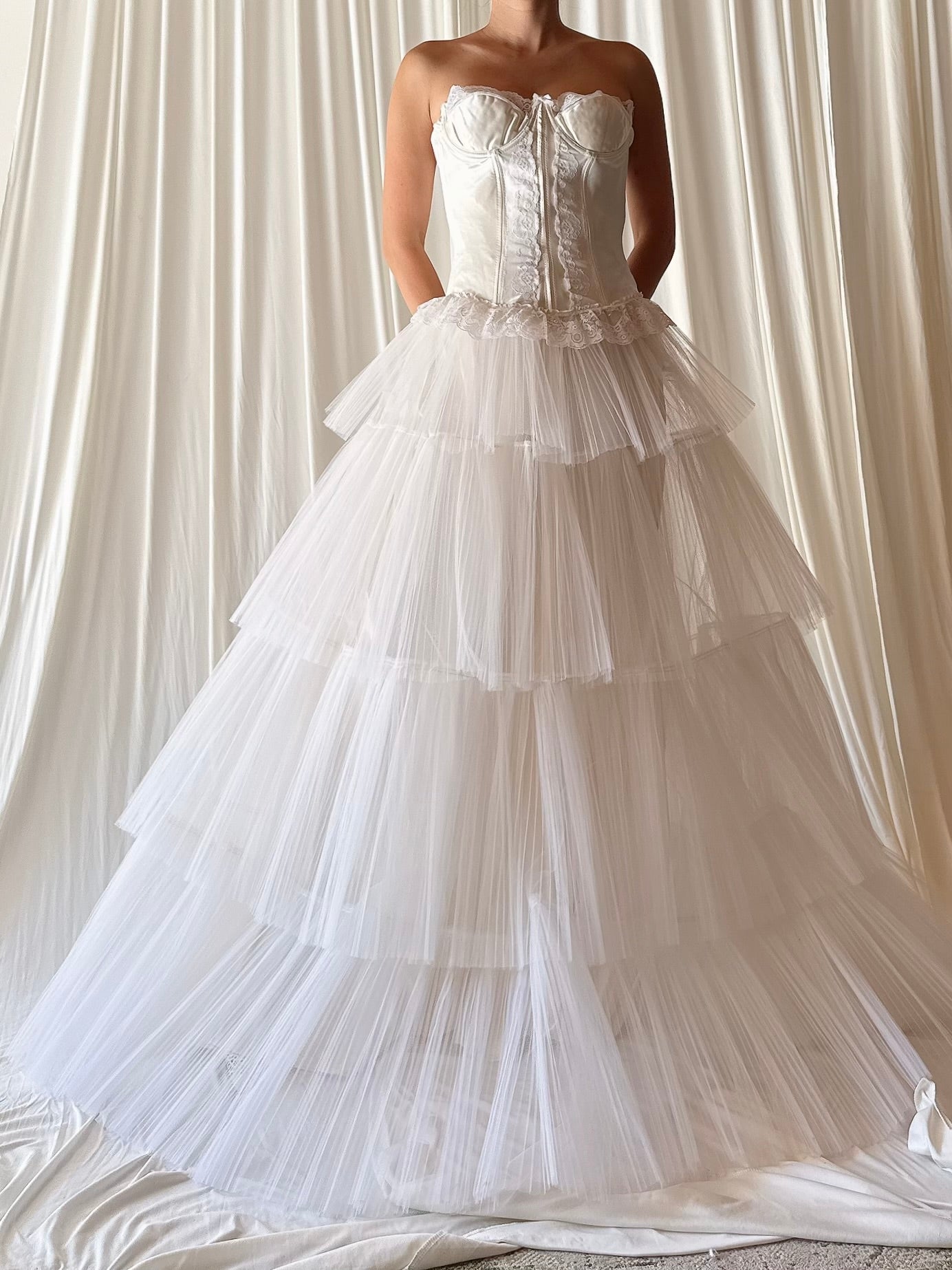 1950s Pleated Tiered Tulle Gown with Bustier - XS