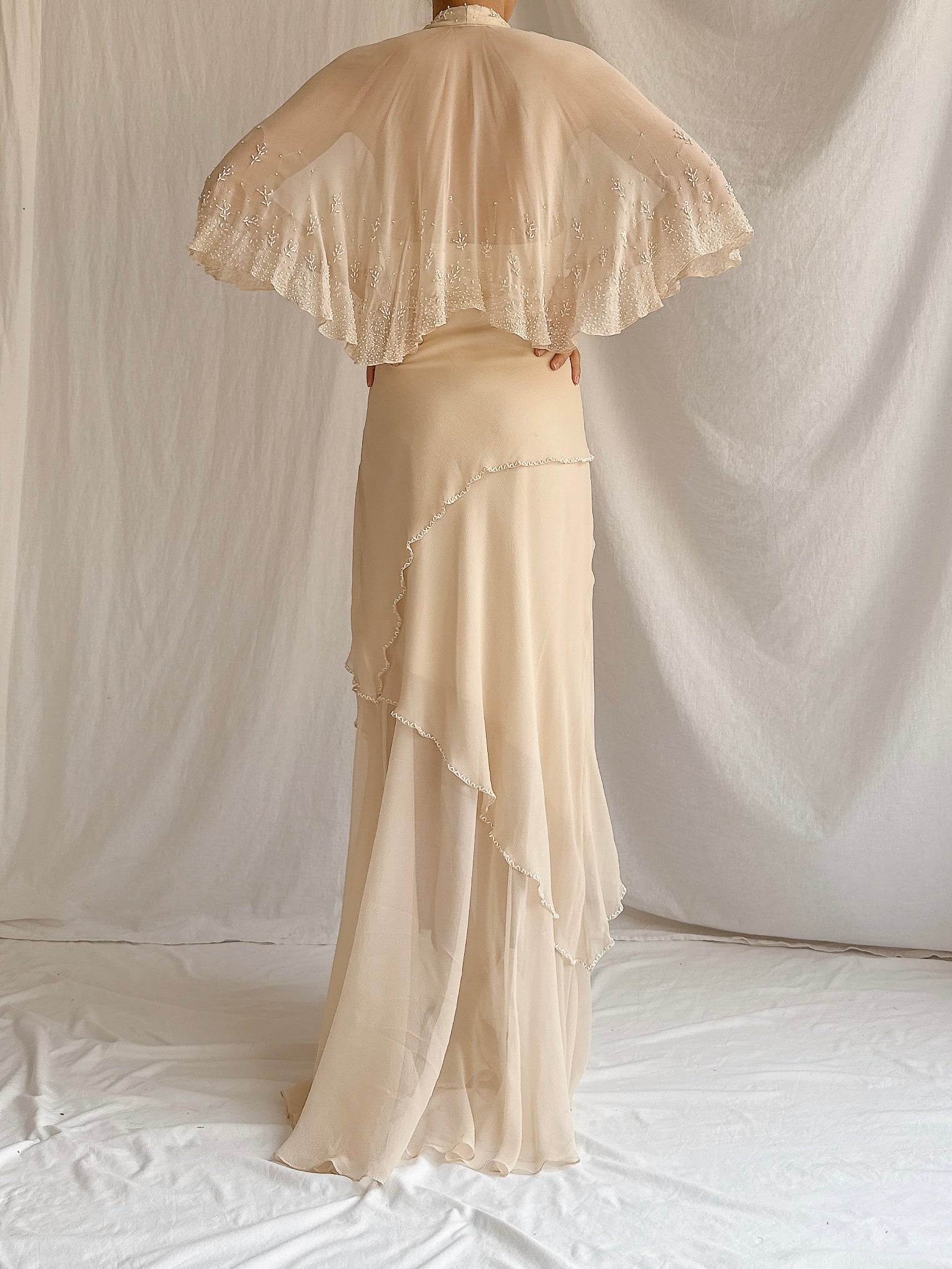 Vintage Almond Silk Cape Gown - M