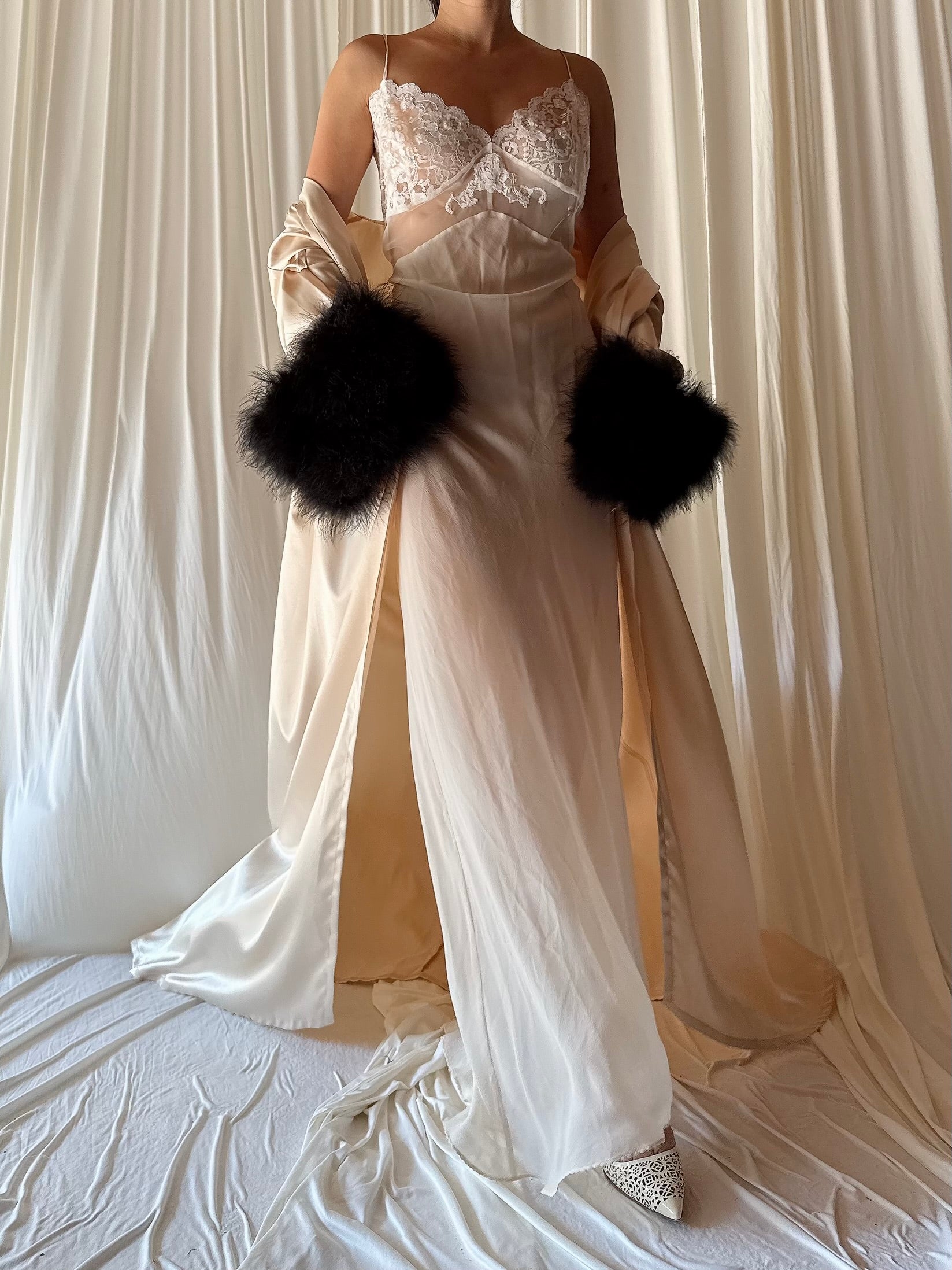 Vintage Marabou Trim Satin Duster - M