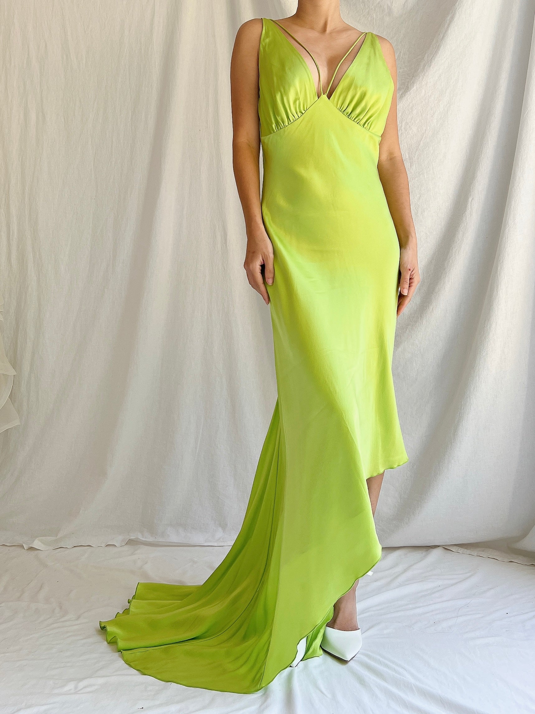 1990s Silk Chartreuse Asymmetrical Hem Gown - S