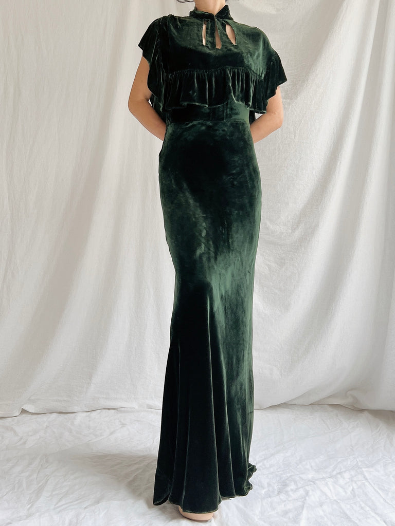 1930s Silk Crushed Velvet Gown with Cape - S 1930s Silk Crushed Velvet Gown with Cape - S