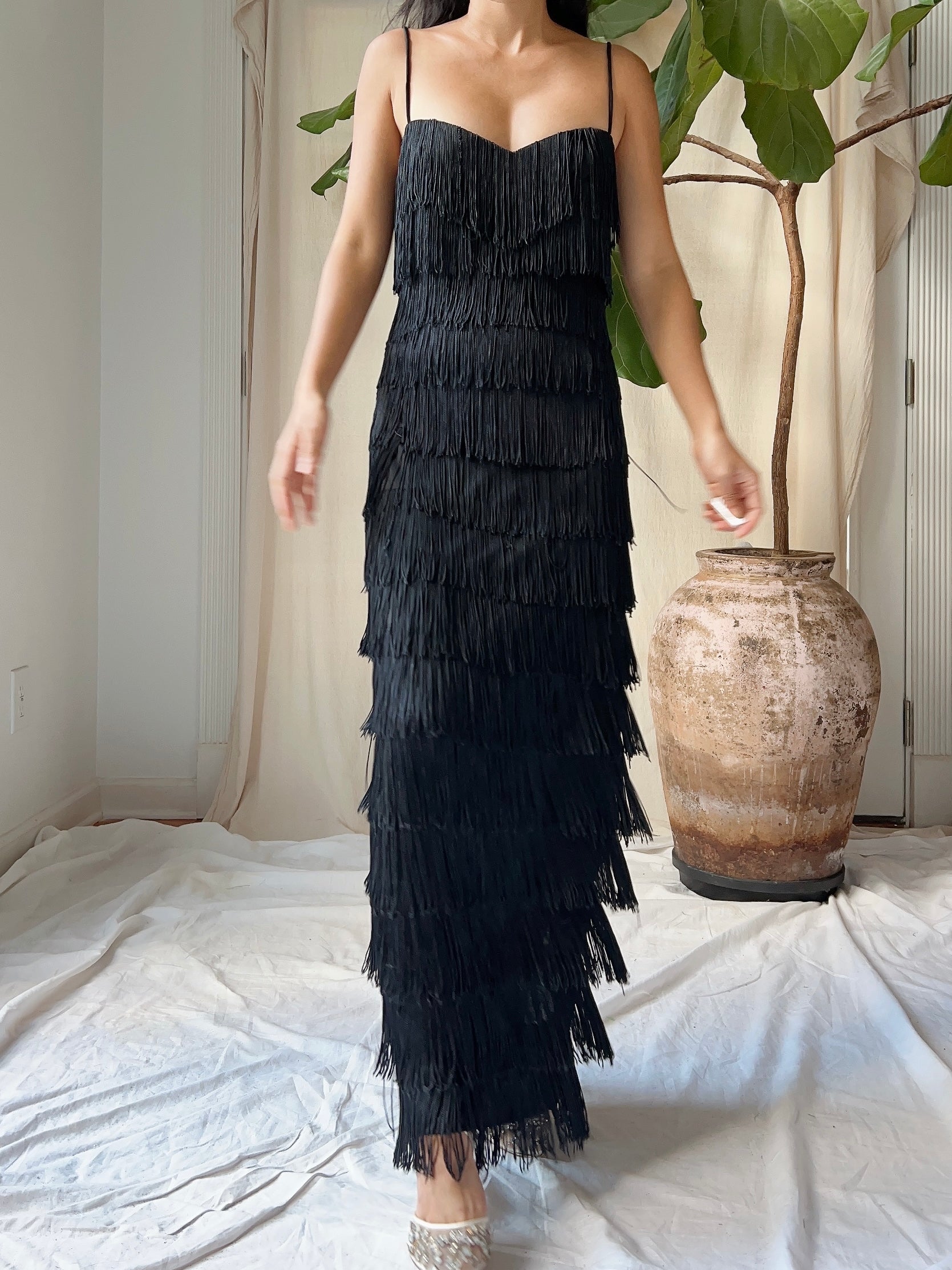 1970s Black Fringe Tiered Dress - M | G O S S A M E R 1970s Black Fringe Tiered Dress - M | G O S S A M E R