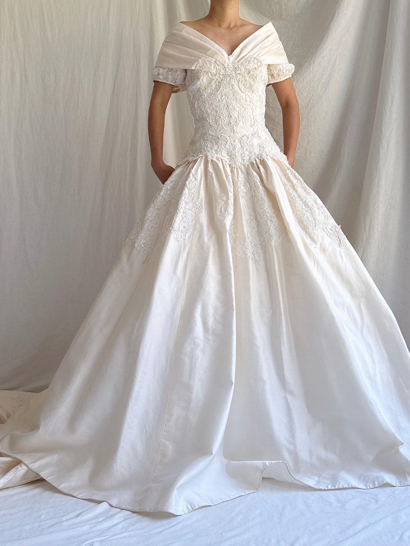 1980s Ron Lovece Silk Off-the-Shoulder Gown - S