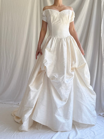 Vintage Raw Silk Off-the-Shoulder Dress - M