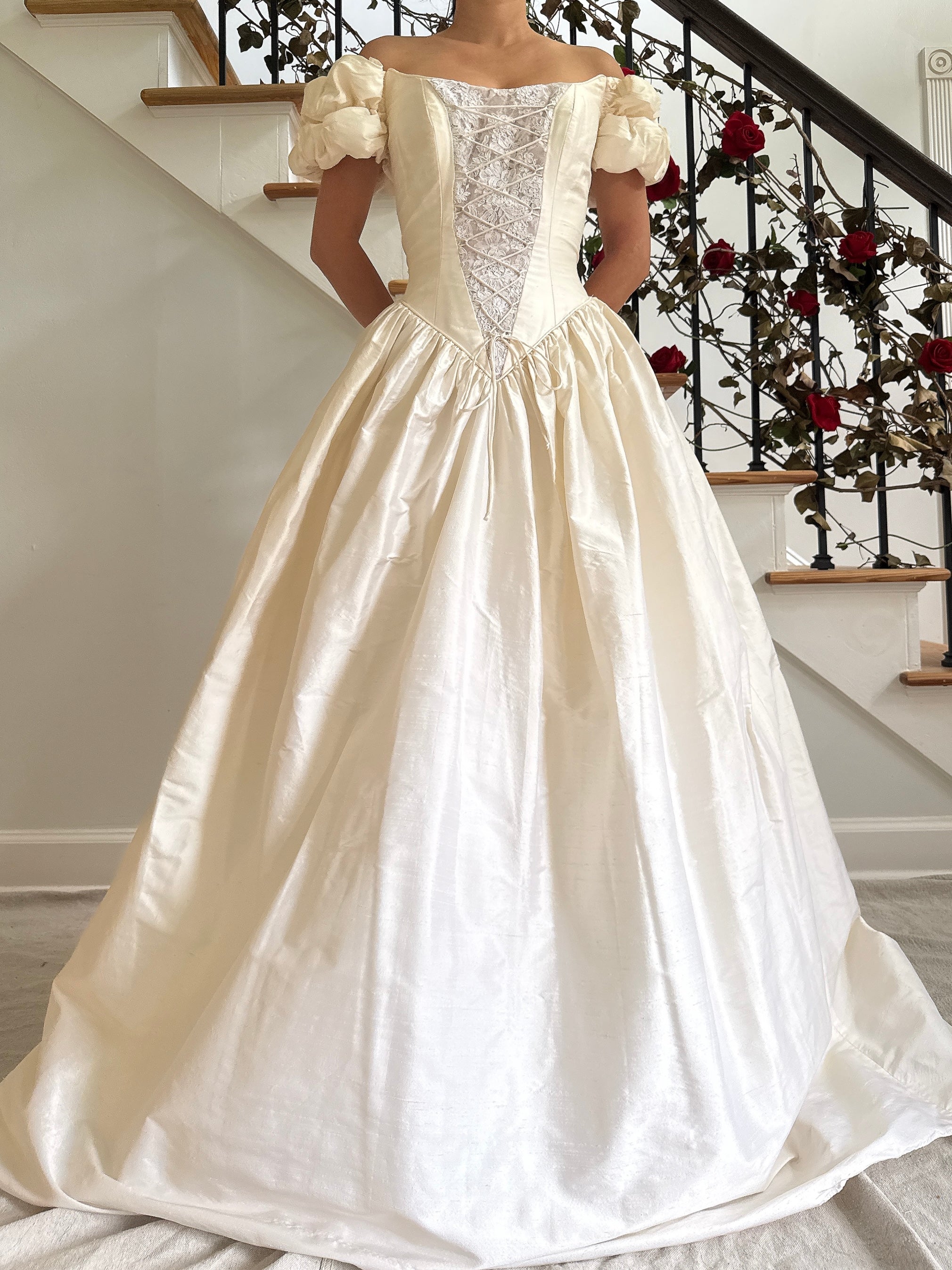 Vintage Guzzo Toronto Off-the-Shoulder Silk Dupioni Gown - S