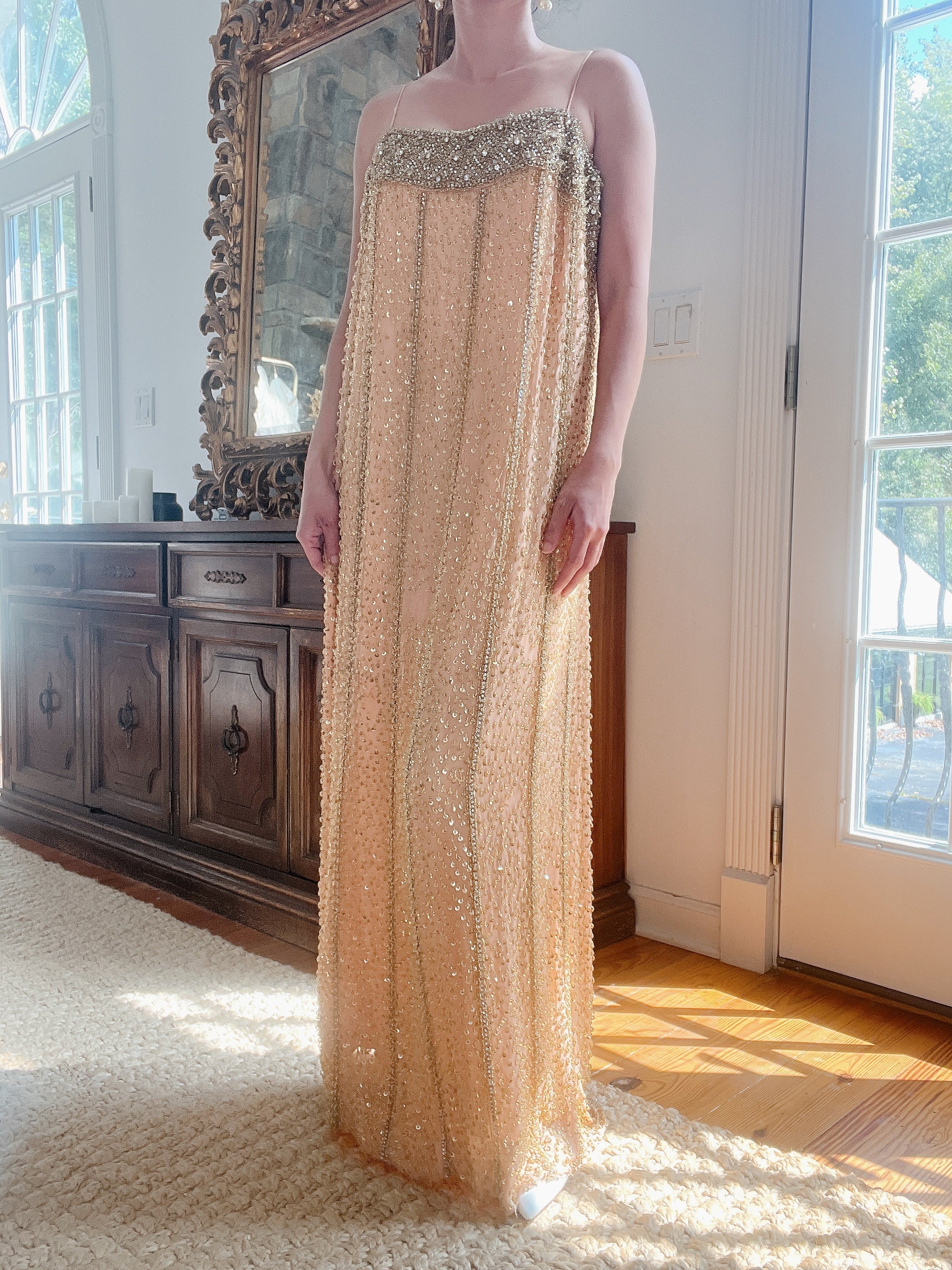 1960s Peach Beaded Gown & Cape - M/L