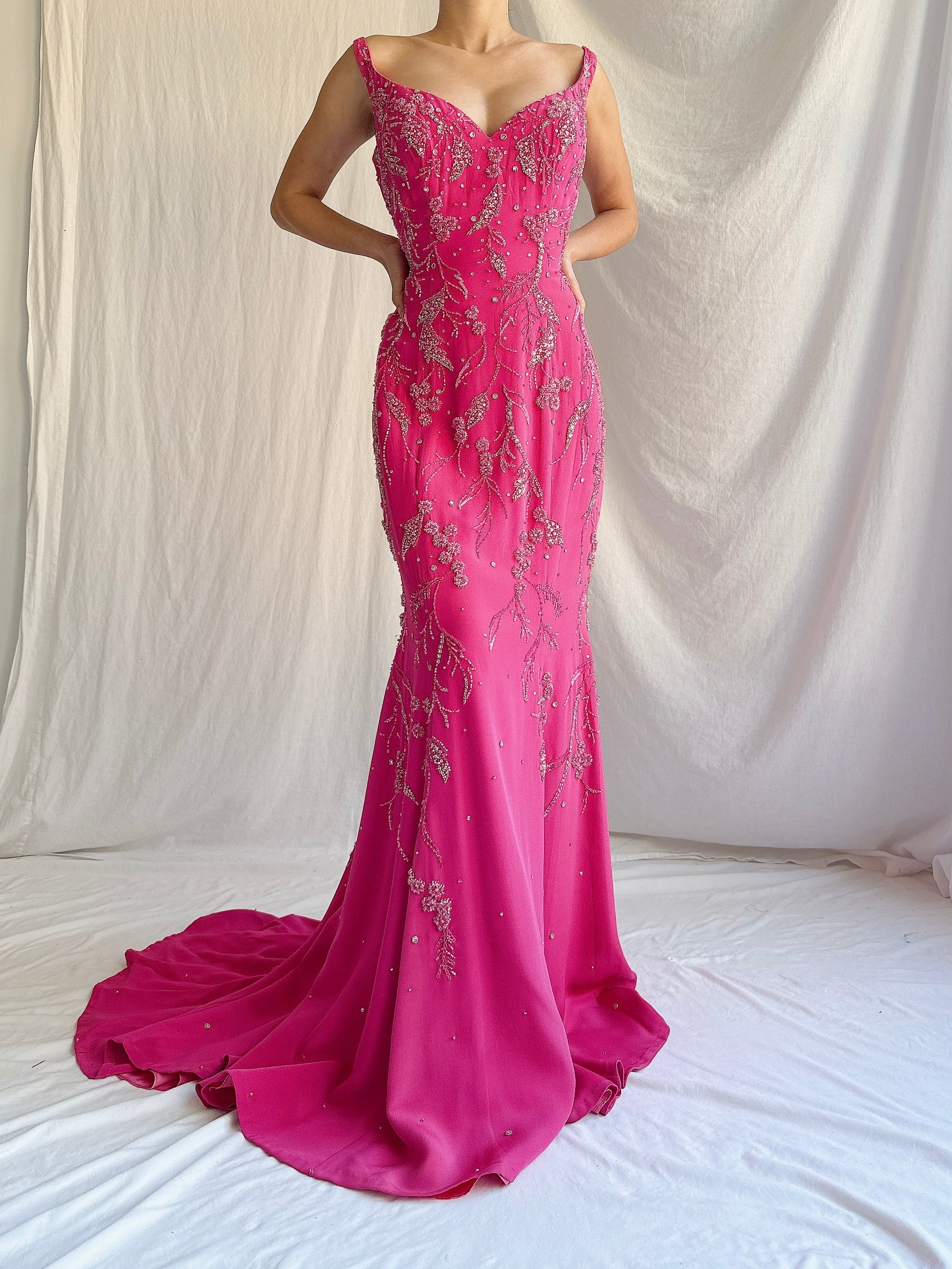 Vintage Hot Pink Silk Beaded Gown - M