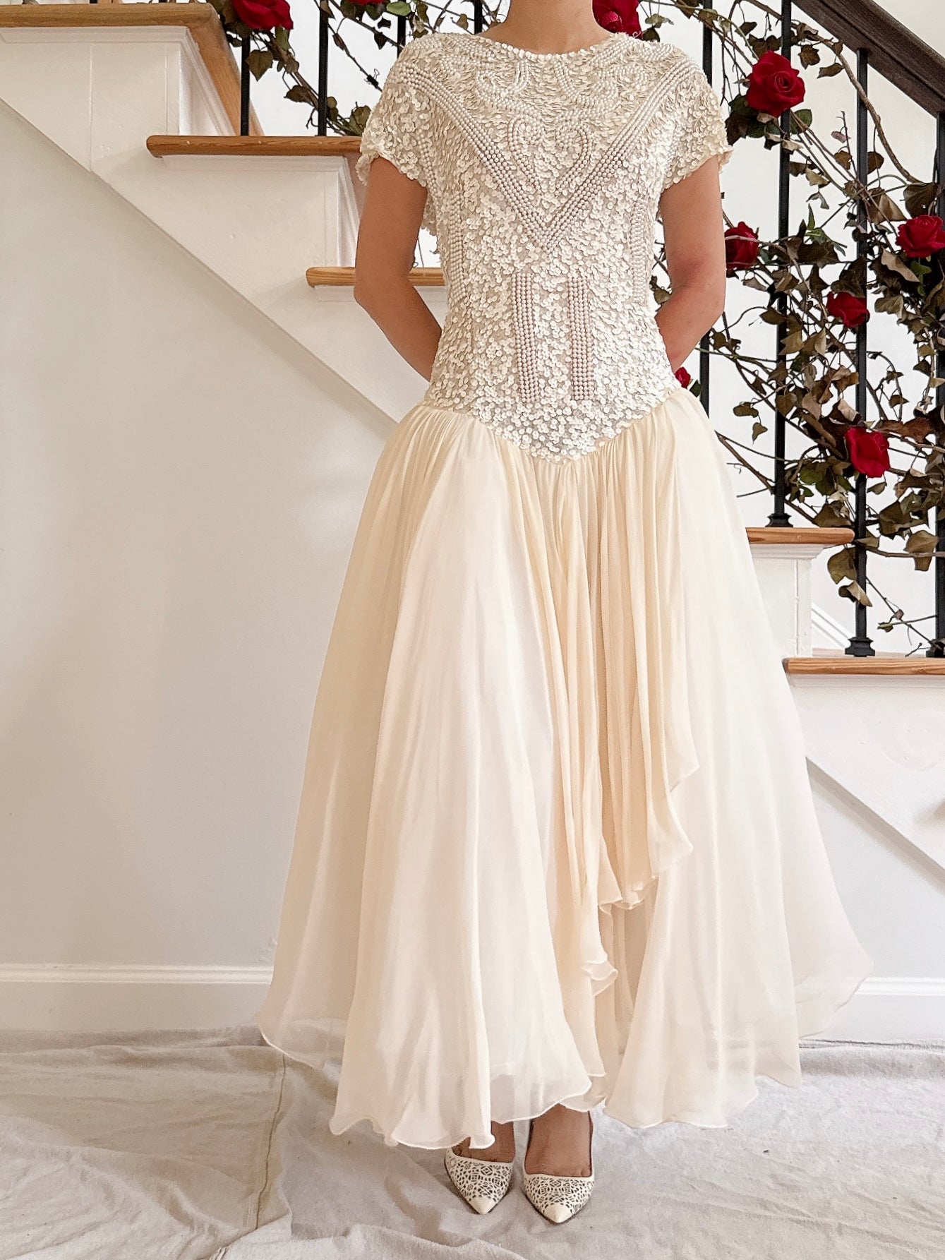 1980s Silk Chiffon Beaded Dress - 36B/30W/49L
