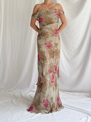 1990s Rayon Floral Gown - M