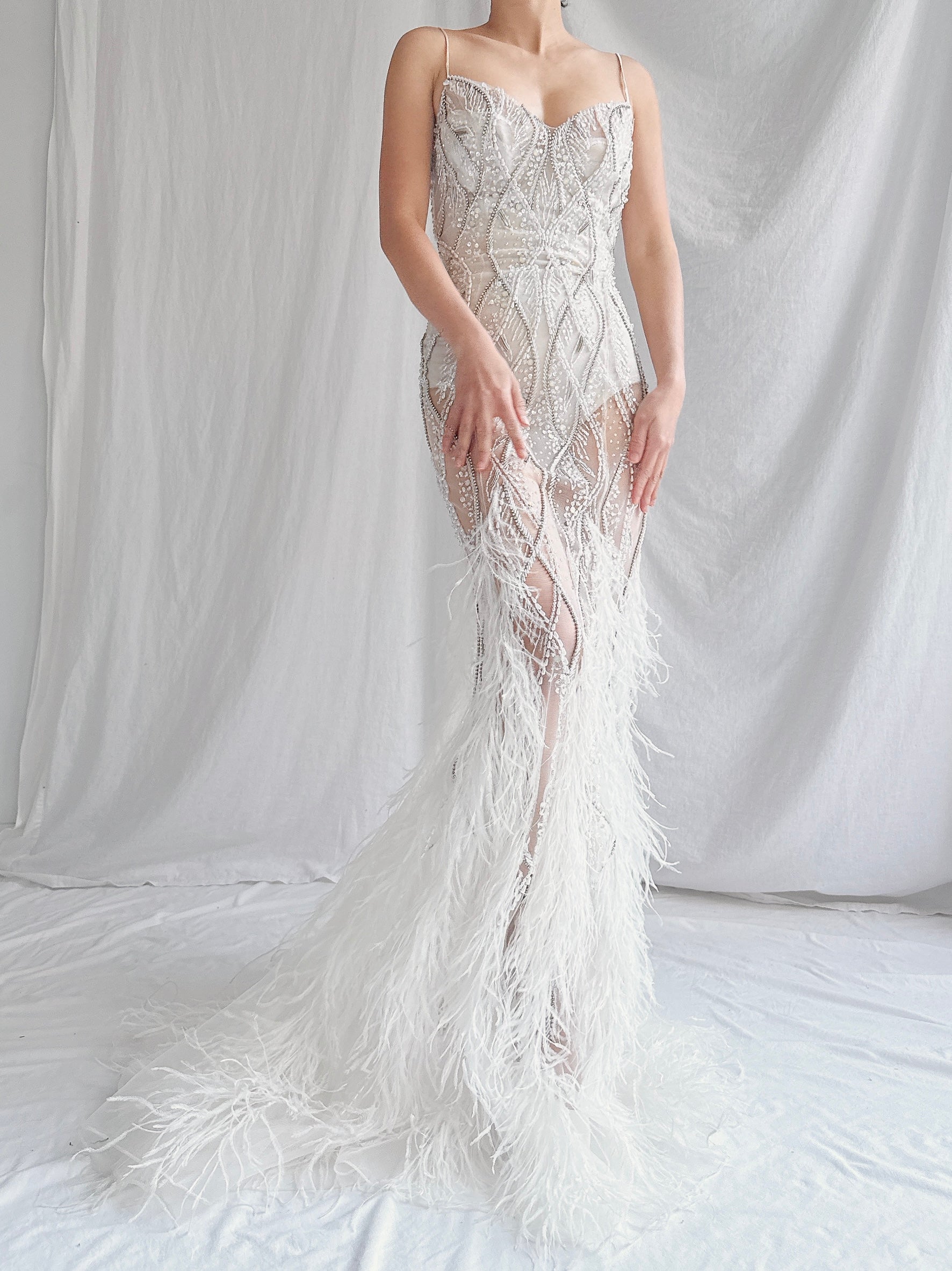 00 Stephen Yearrick Pearl Feather Gown - S-M