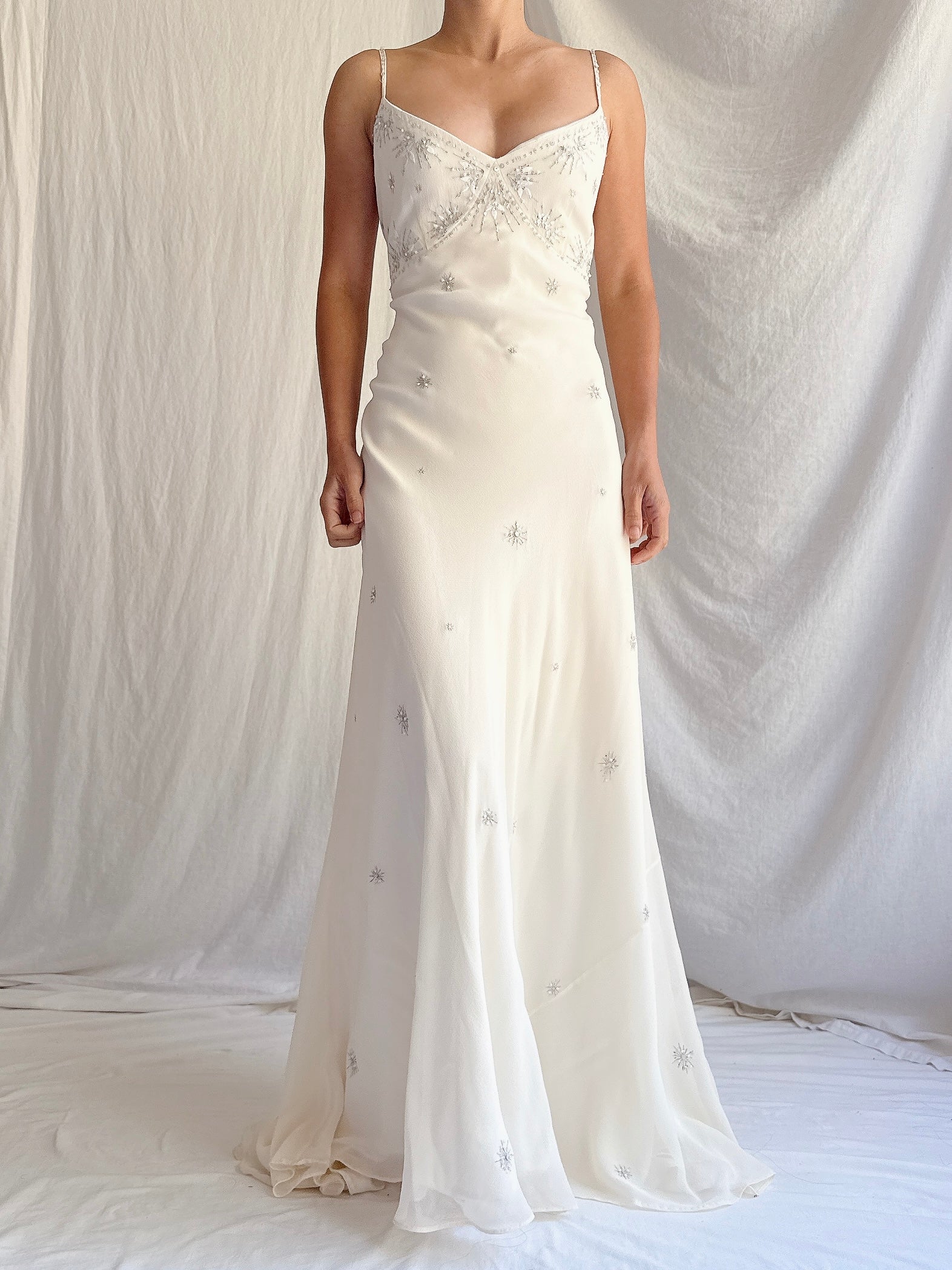 Vintage Bias Cut Silk Embellished Gown - Size S/M