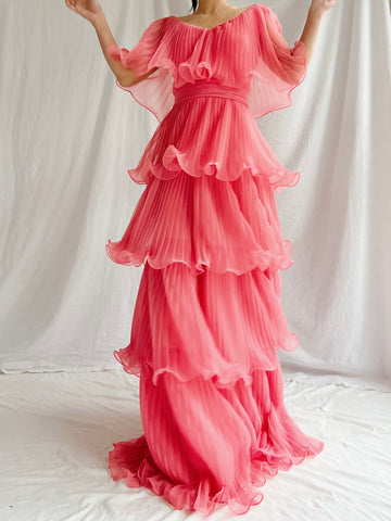 Vintage Watermelon Tiered Chiffon Dress - XS
