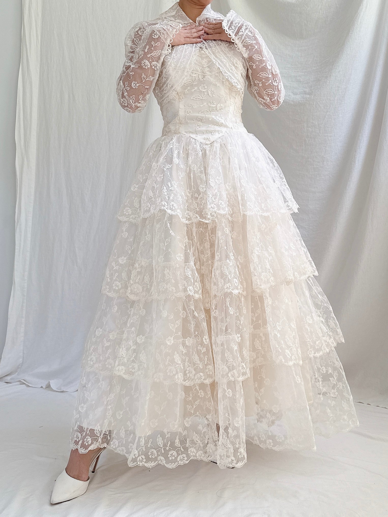 1950s Embroidered Tulle Dress -XS