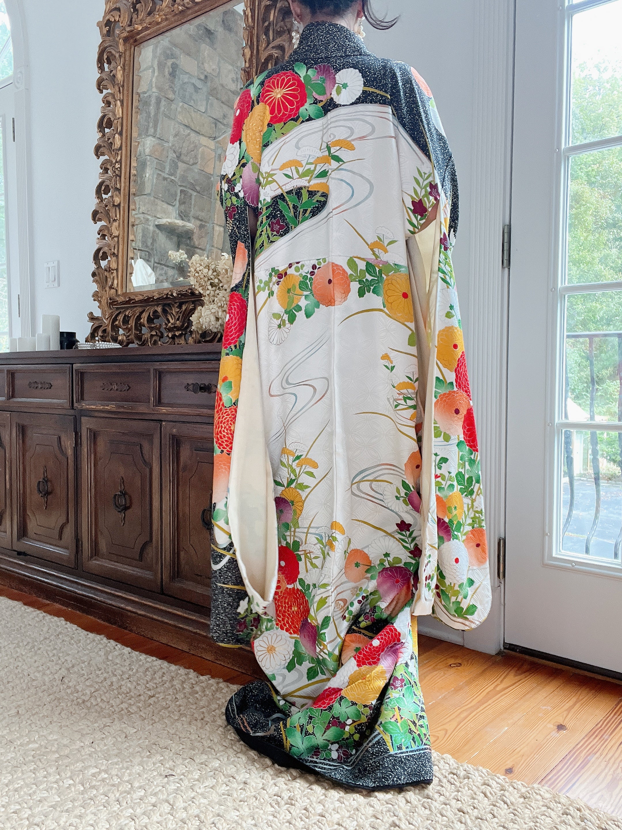 Vintage Silk Black and Green Floral Kimono - OSFA