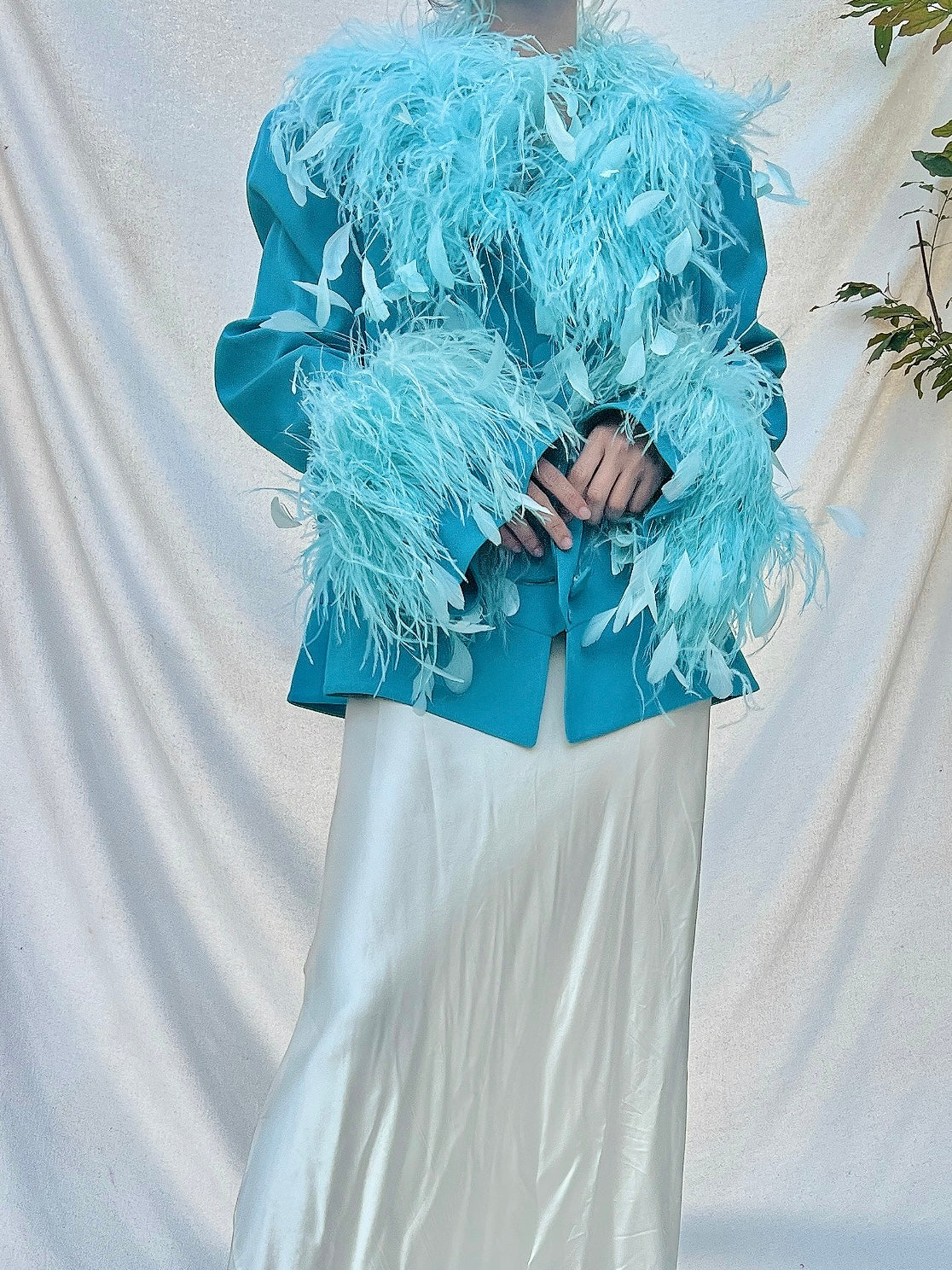 Vintage Cyan Feather Rayon Jacket - M