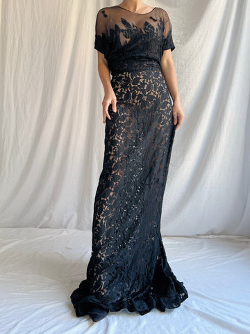 1930s Black Lace Gown - M