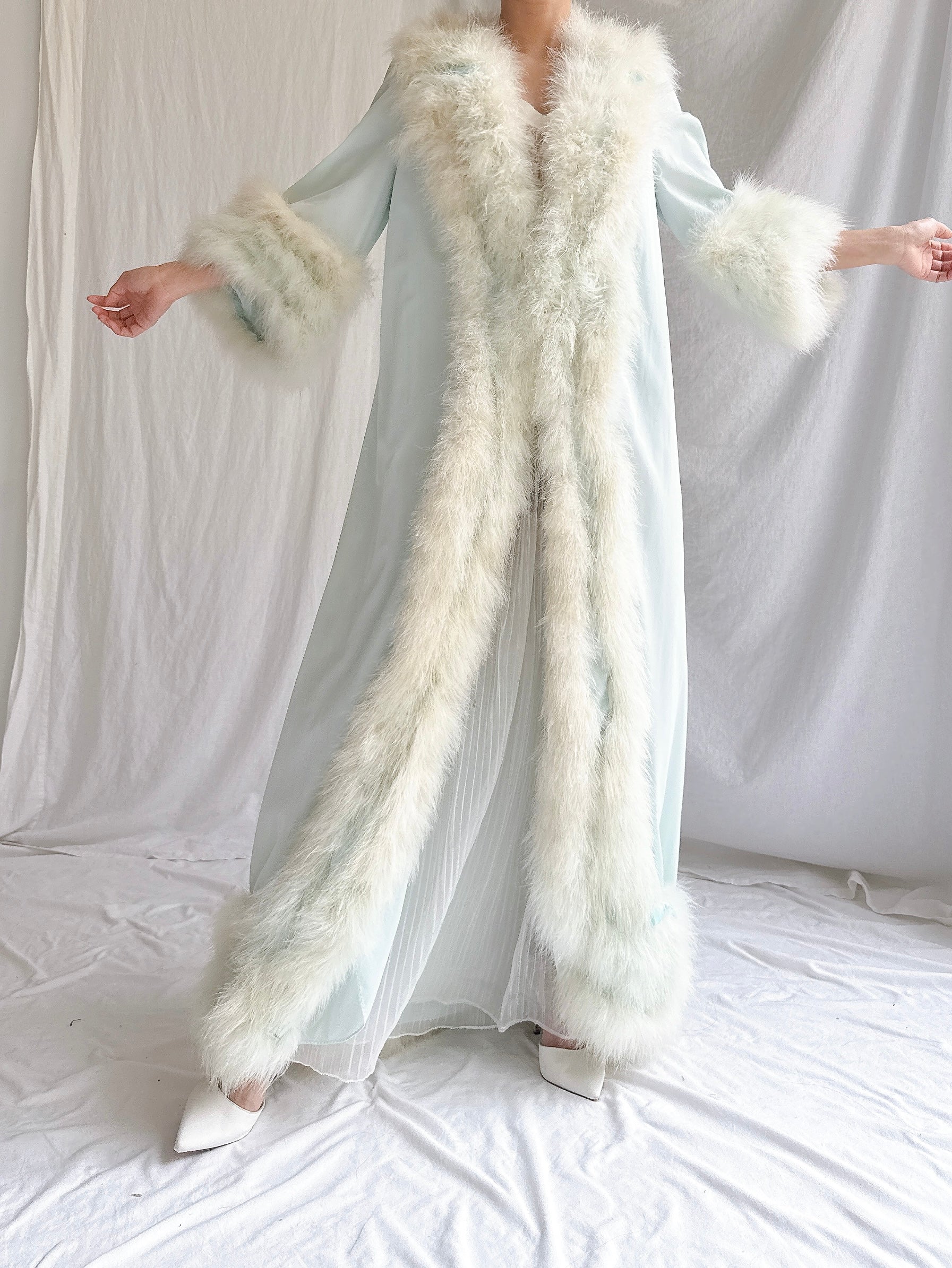 Rare 1960s Heft Baby Blue Marabou & Nylon Duster - OSFM