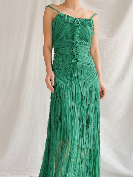 1990s Emerald Silk Fringe Raw Edge Gown - S/M | G O S S A M E R