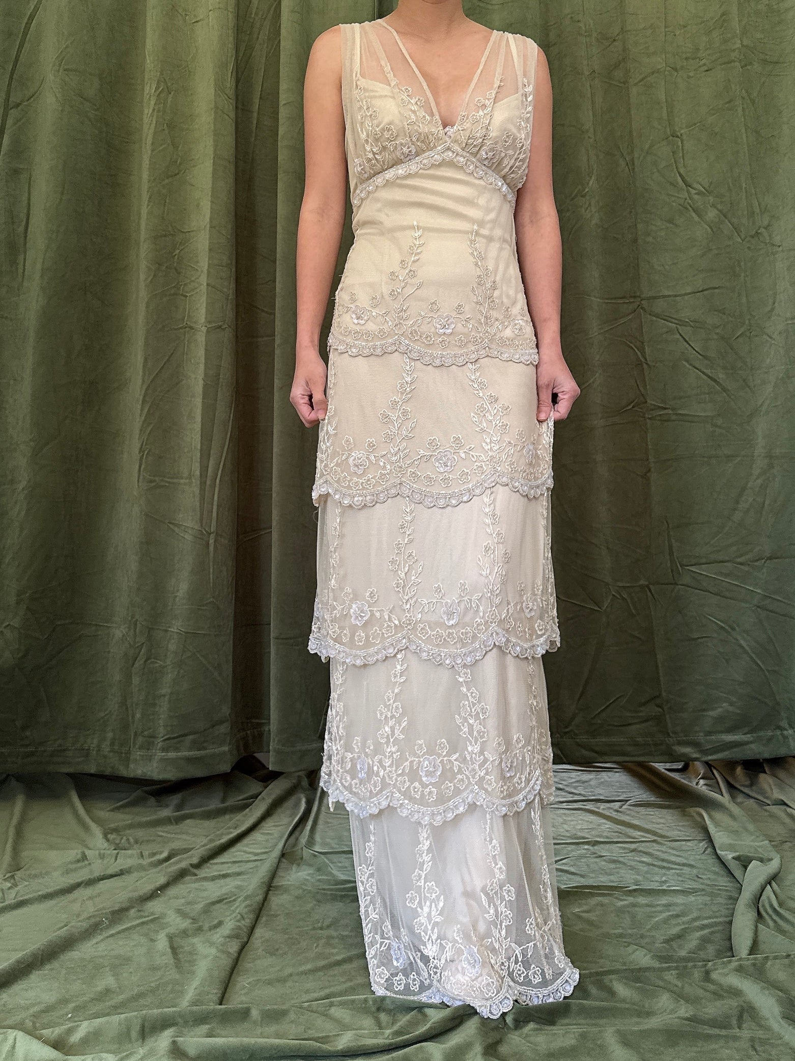 Vintage Tiered Beaded Gown - L