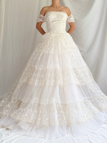 1950s Tulle Embroidered Layered Gown - XS