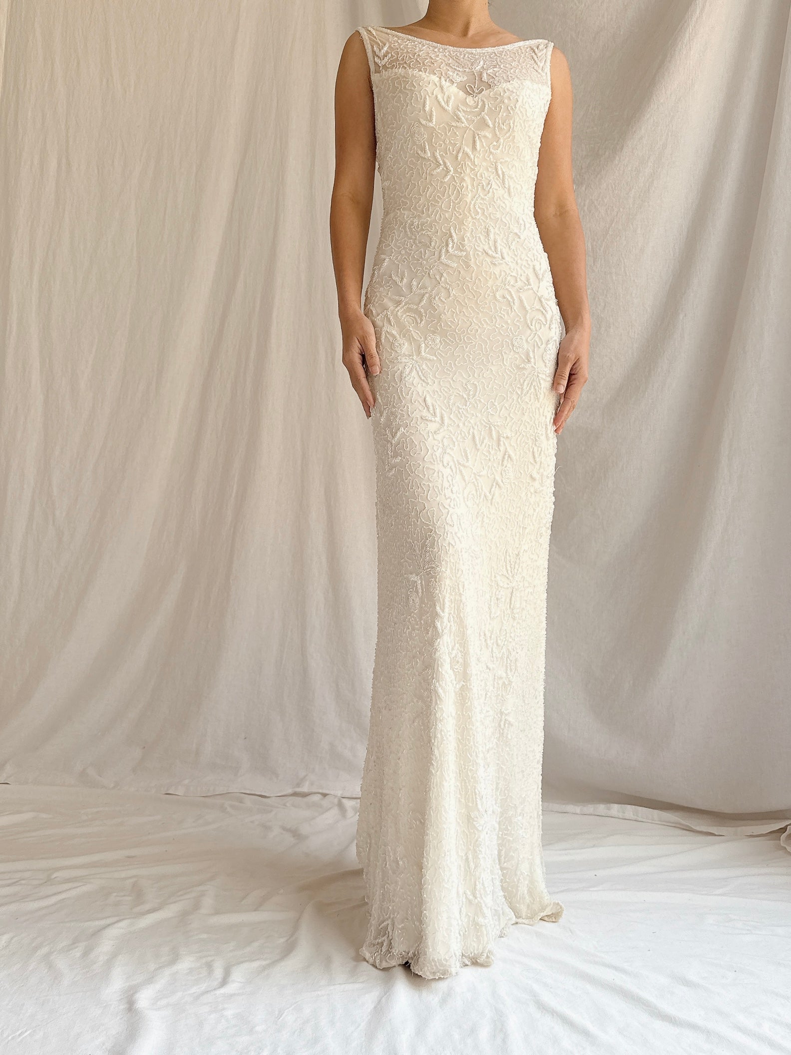 Vintage Ivory Silk Beaded Gown - S