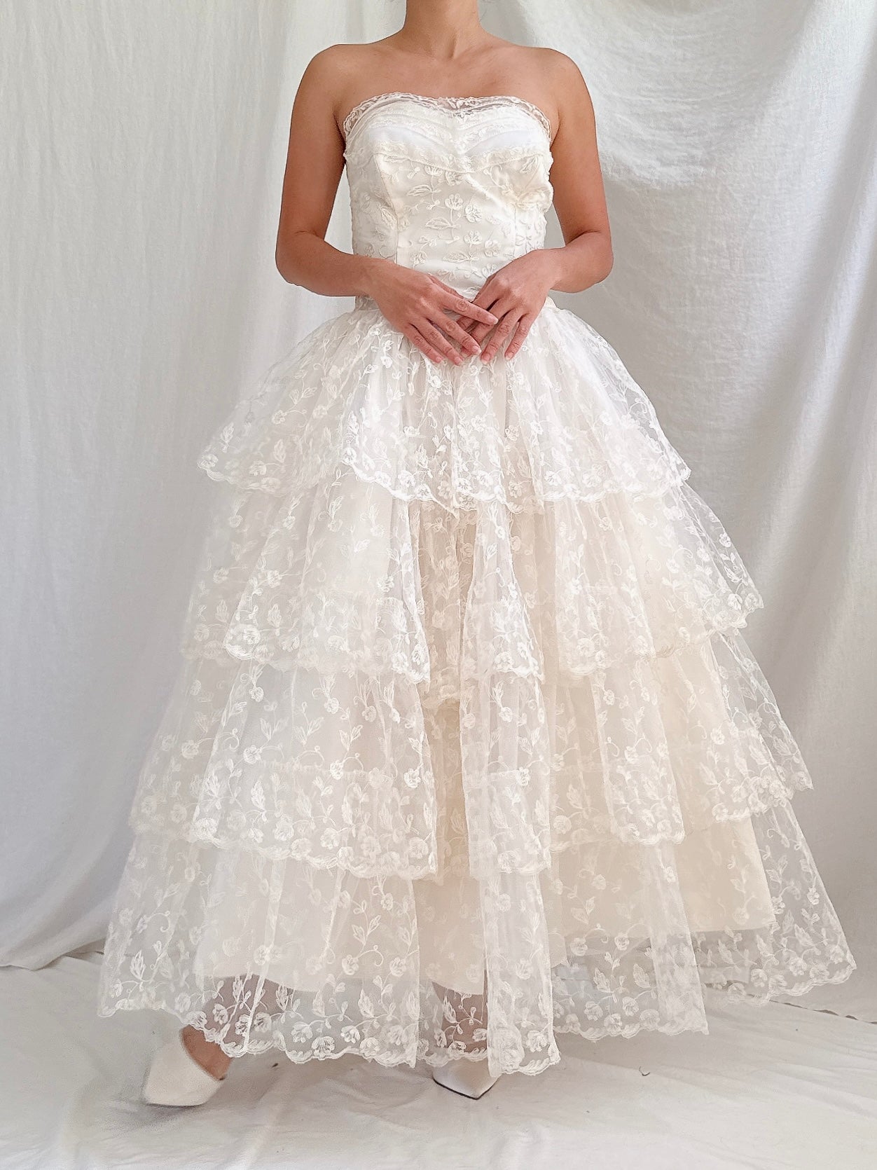 1950s Embroidered Tulle Dress -XS
