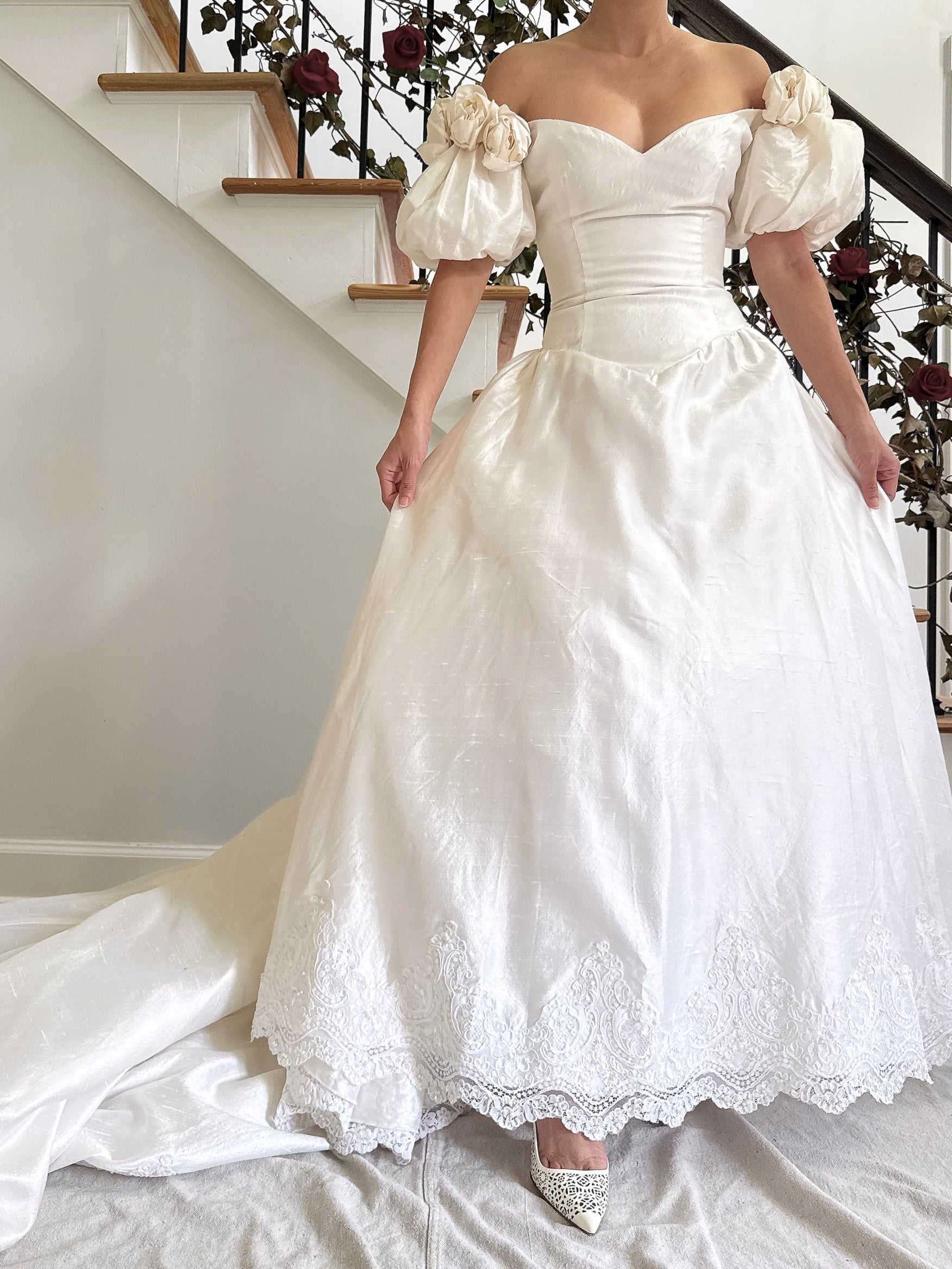 1980s Puff Sleeve Silk Rosette Dress - M