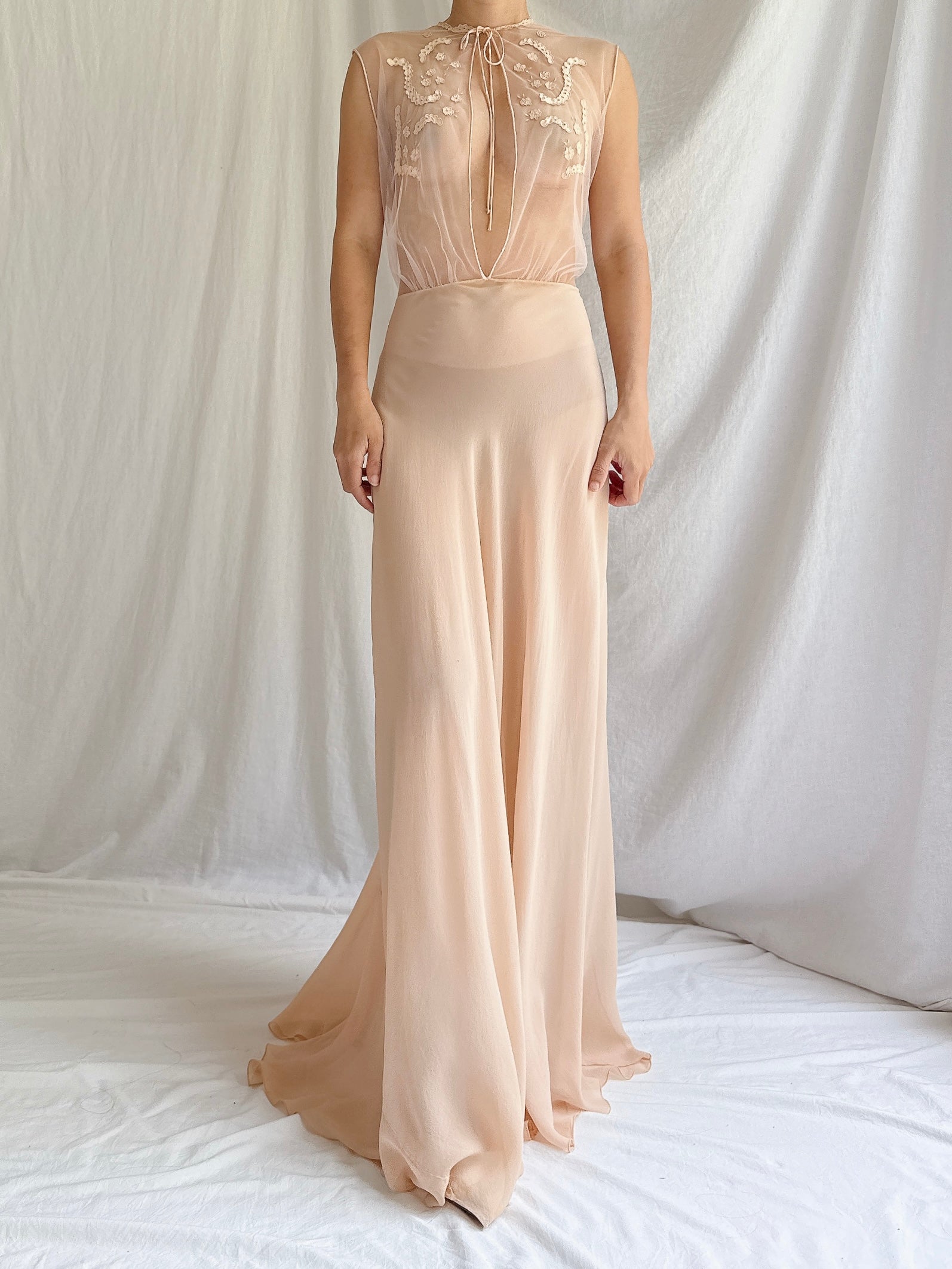 1930s Silk and Mesh Sheer Gown - S/M